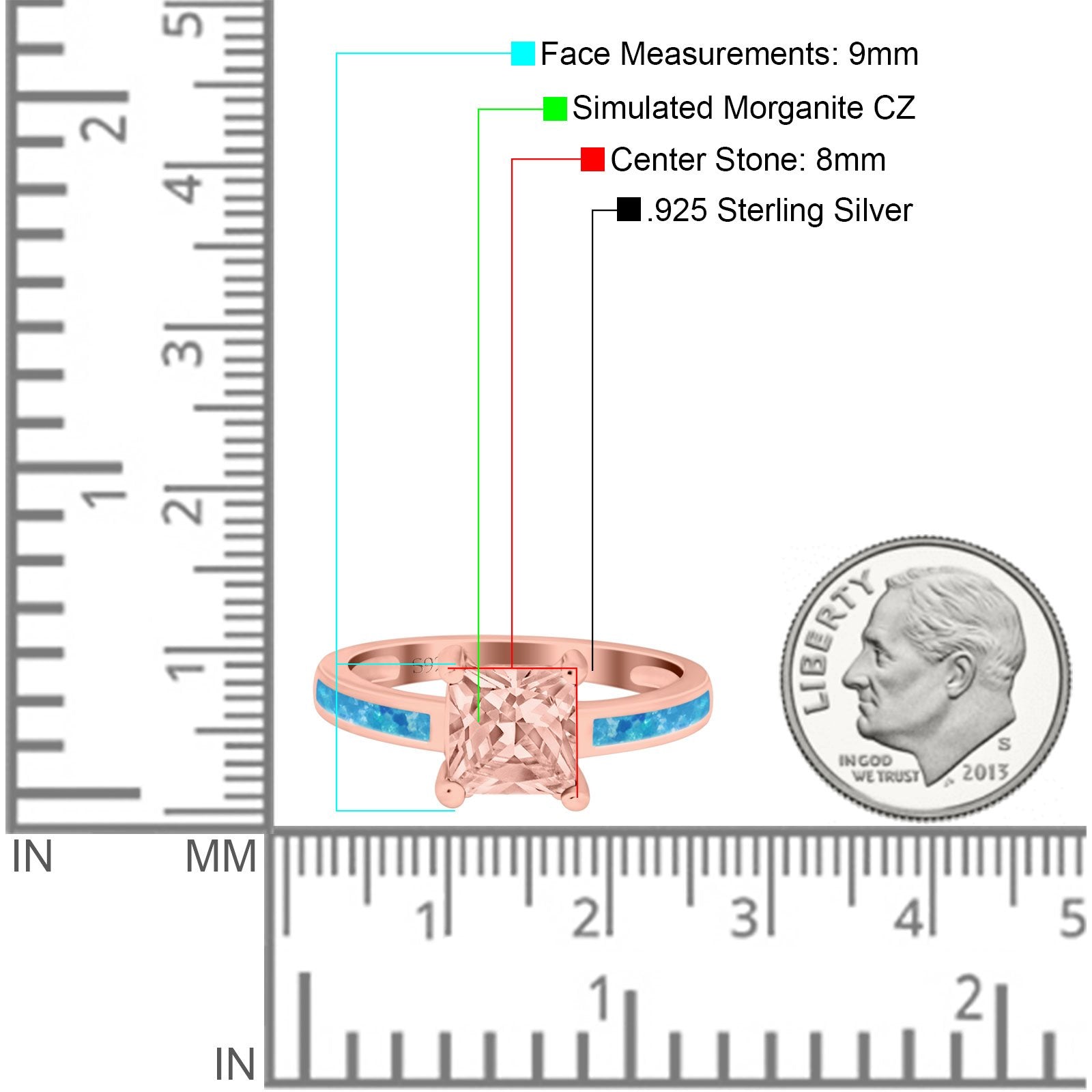 Solitaire Accent Fashion Ring Princess Cut Simulated Cubic Zirconia Created Opal 925 Sterling Silver