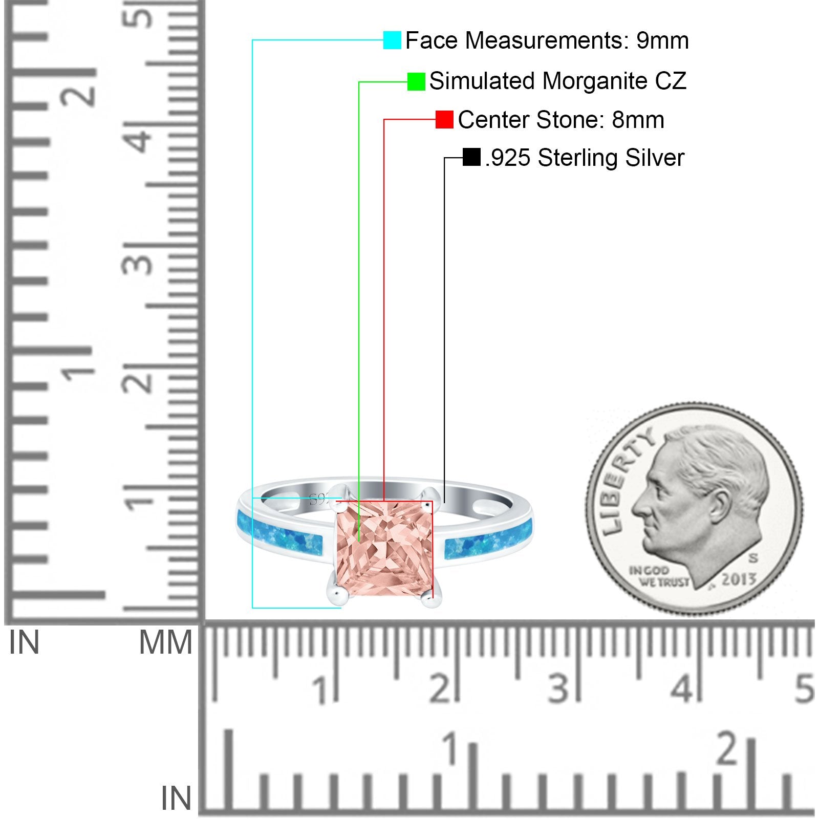 Solitaire Accent Fashion Ring Princess Cut Simulated Cubic Zirconia Created Opal 925 Sterling Silver