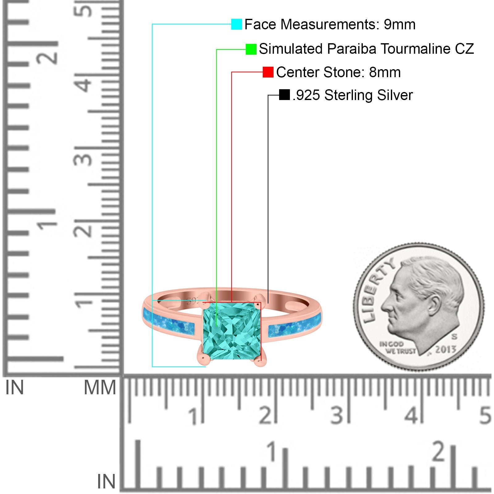 Solitaire Accent Fashion Ring Princess Cut Simulated Cubic Zirconia Created Opal 925 Sterling Silver