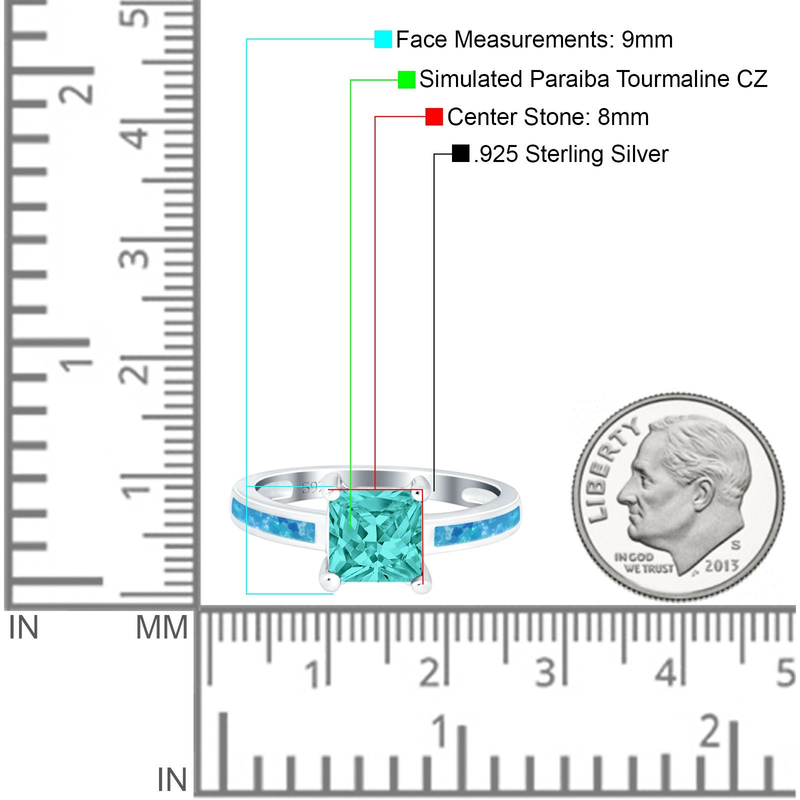 Solitaire Accent Fashion Ring Princess Cut Simulated Cubic Zirconia Created Opal 925 Sterling Silver