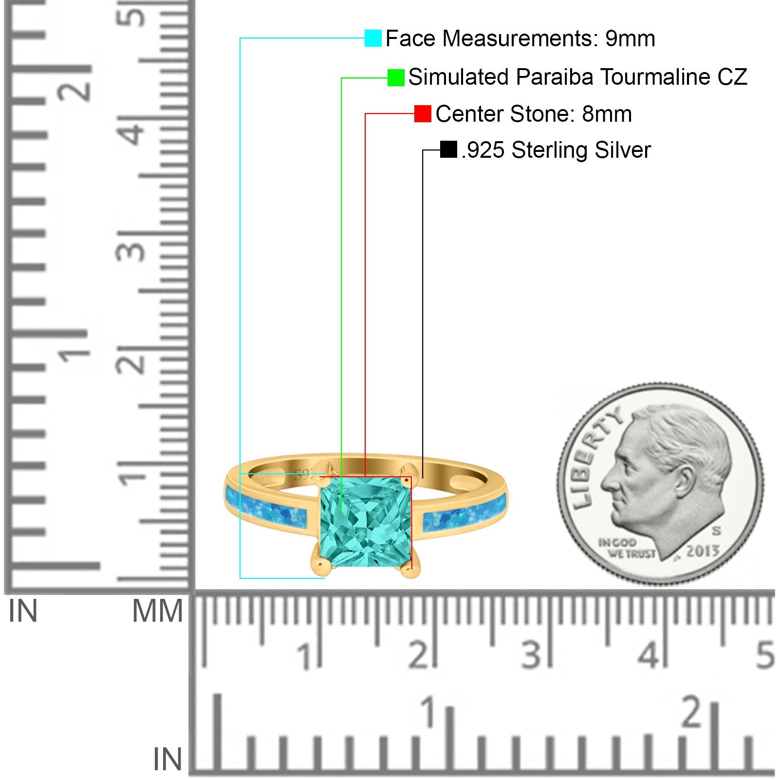 Solitaire Accent Fashion Ring Princess Cut Simulated Cubic Zirconia Created Opal 925 Sterling Silver