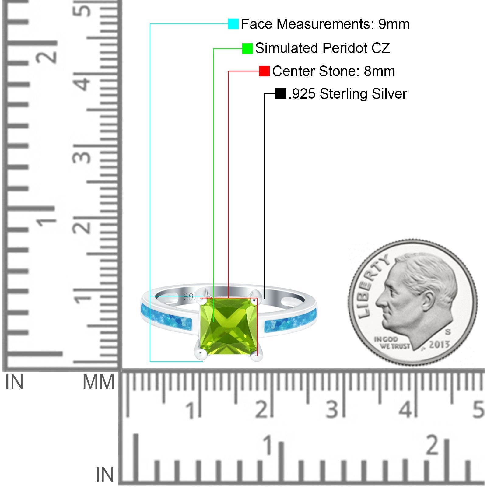 Solitaire Accent Fashion Ring Princess Cut Simulated Cubic Zirconia Created Opal 925 Sterling Silver