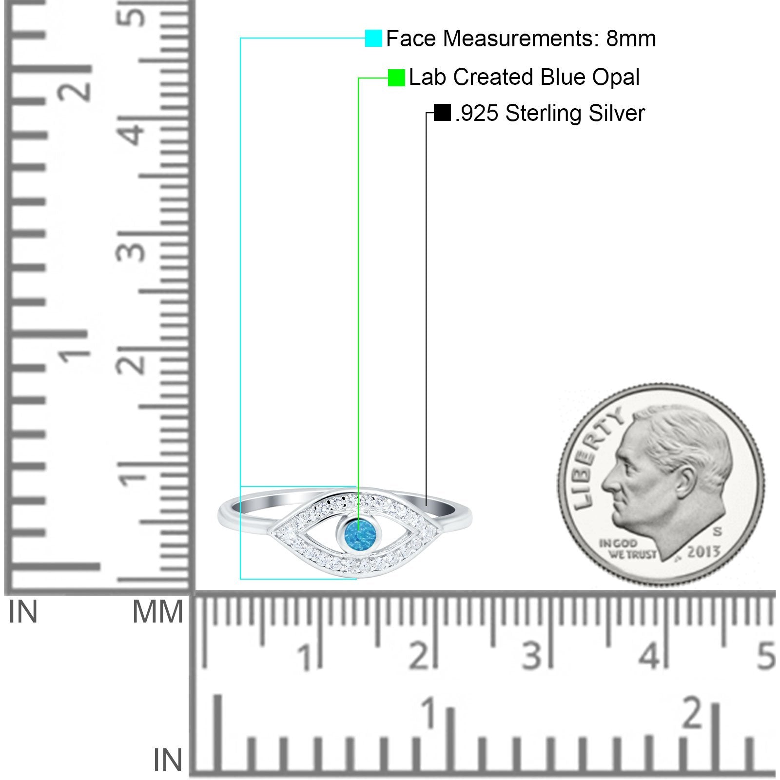 Evil Eye Ring Round Lab Opal Simulated Cubic Zirconia 925 Sterling Silver