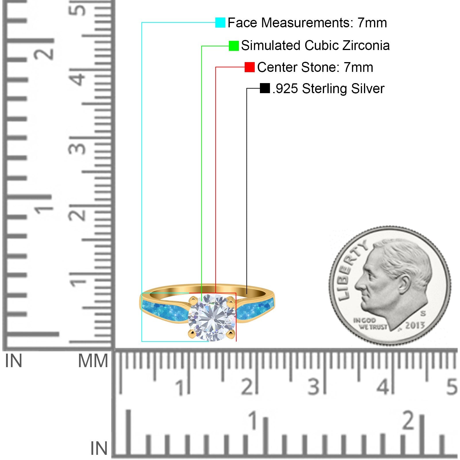 Solitaire Accent Engagement Ring Created Blue Opal Round Simulated Cubic Zirconia 925 Sterling Silver