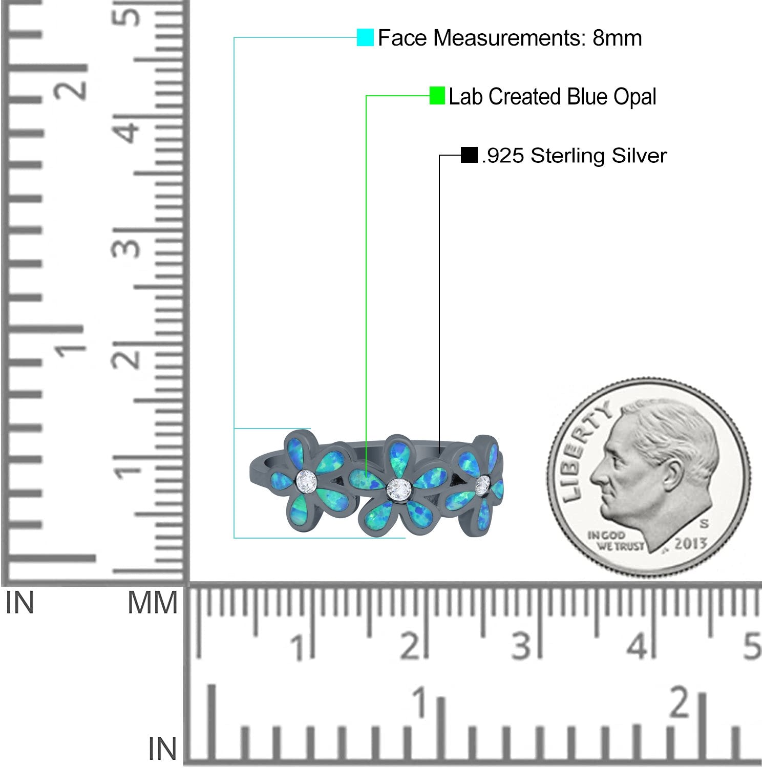 Plumeria Flower Ring Band Lab Created Opal Simulated Cubic Zirconia 925 Sterling Silver (8mm)