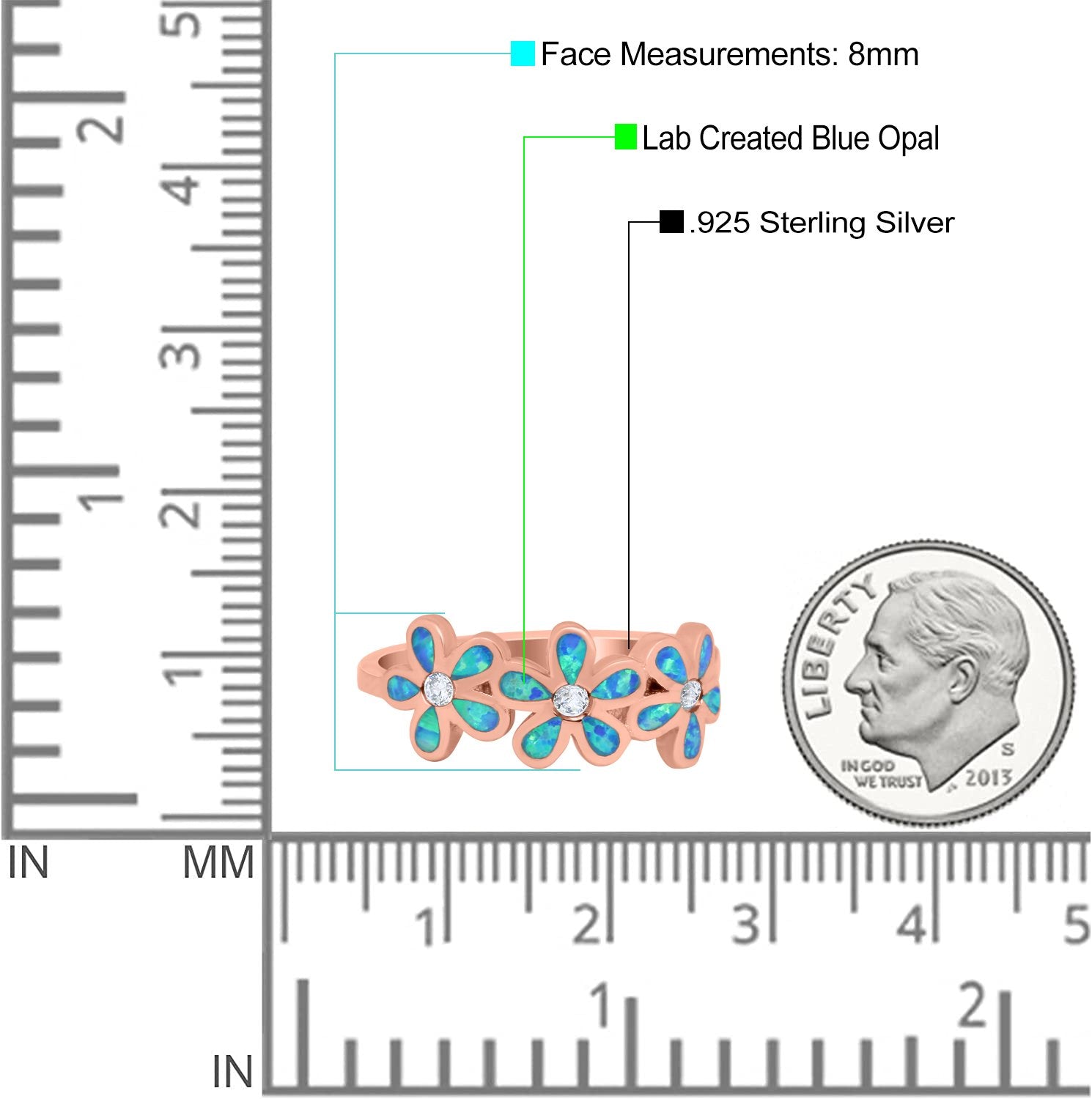 Plumeria Flower Ring Band Lab Created Opal Simulated Cubic Zirconia 925 Sterling Silver (8mm)