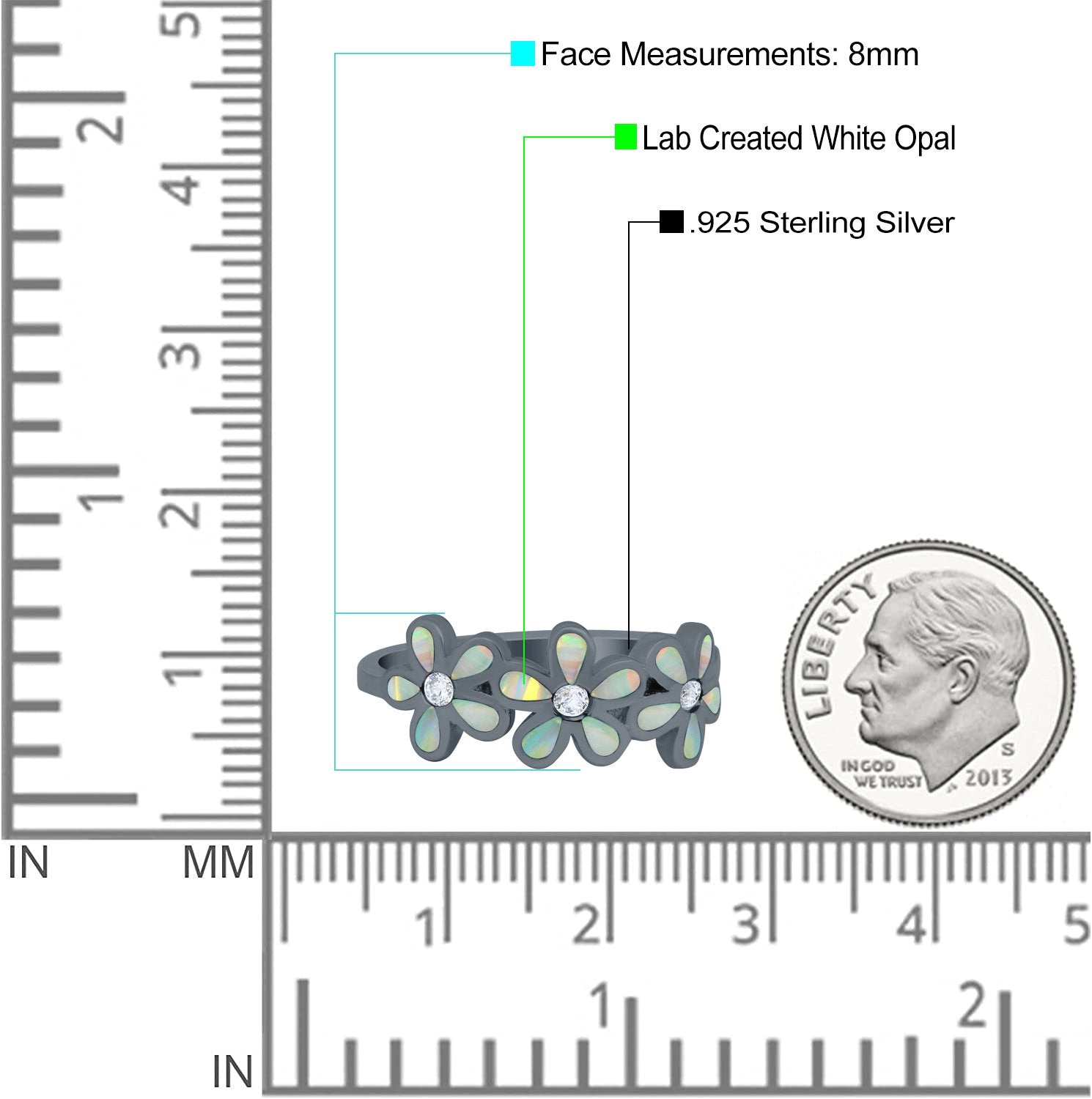 Plumeria Flower Ring Band Lab Created Opal Simulated Cubic Zirconia 925 Sterling Silver (8mm)