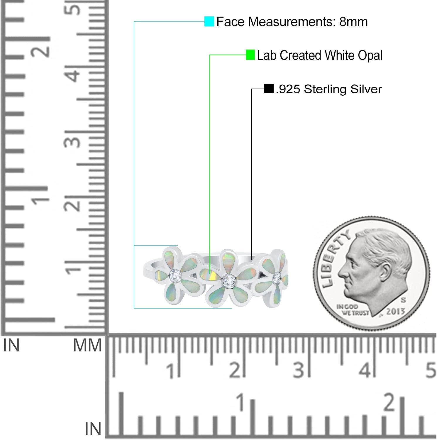 Plumeria Flower Ring Band Lab Created Opal Simulated Cubic Zirconia 925 Sterling Silver (8mm)
