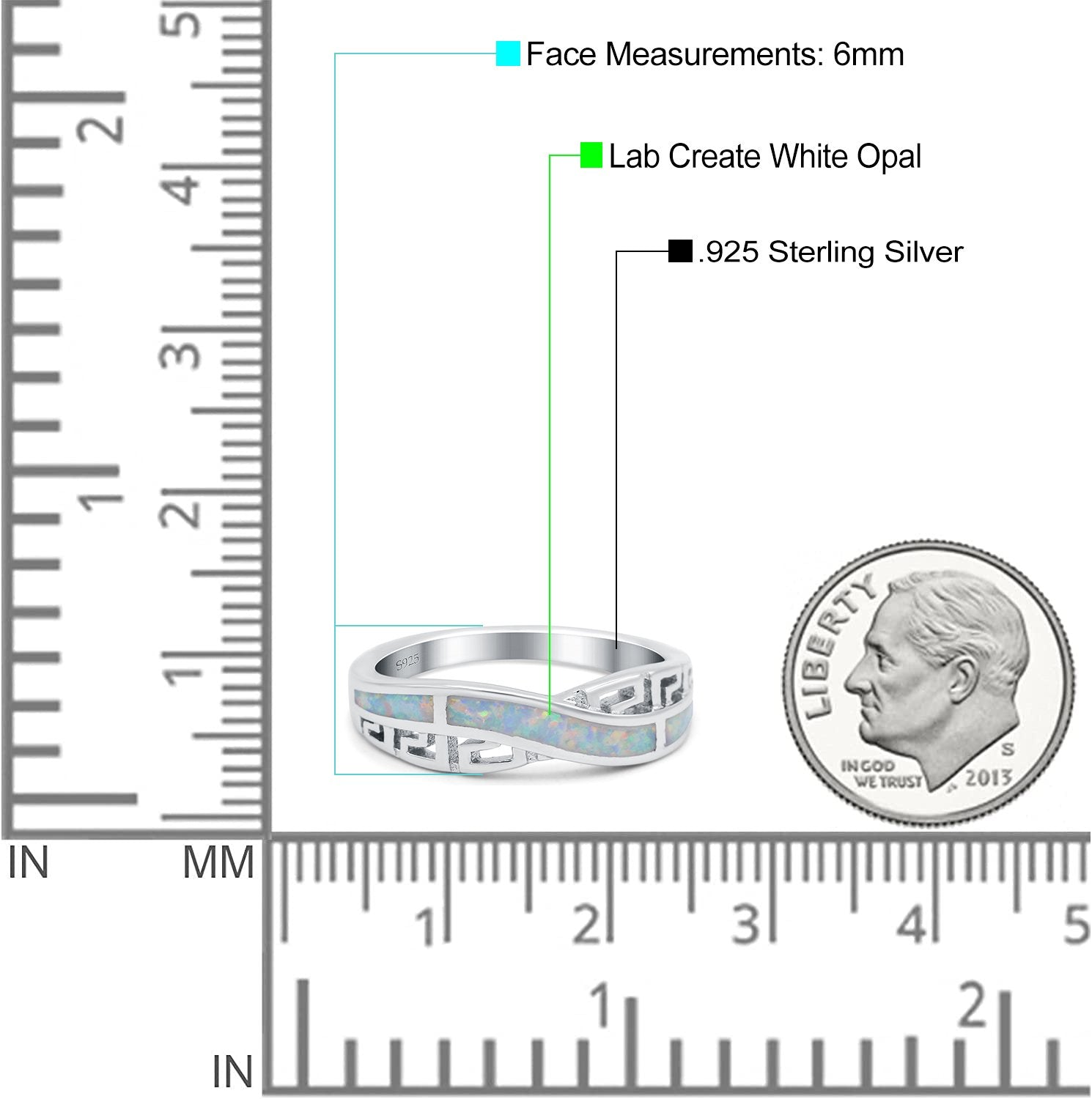 Greek Key Crisscross Ring Lab Created White Opal Band 925 Sterling Silver