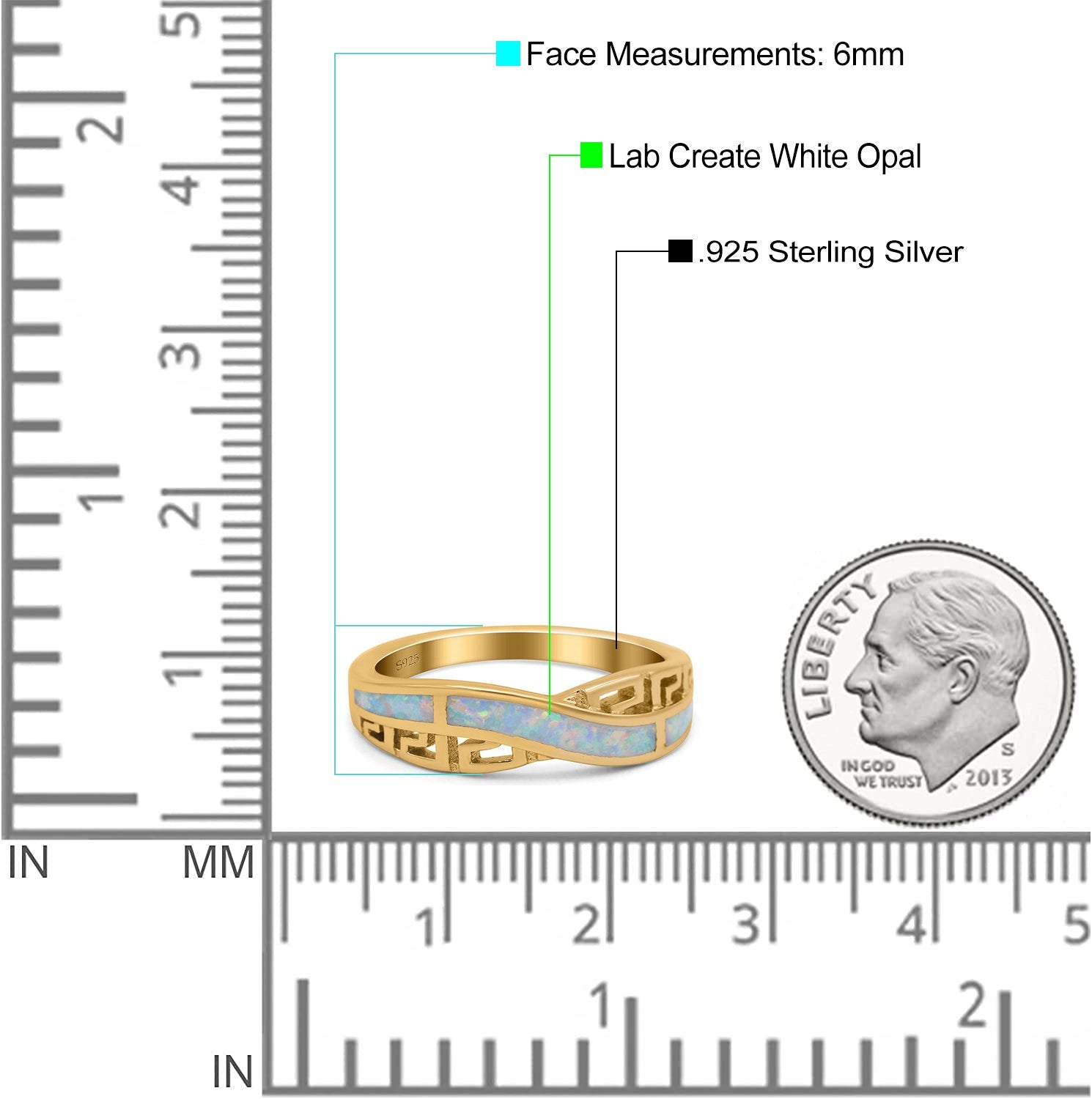 Greek Key Crisscross Ring Lab Created White Opal Band 925 Sterling Silver