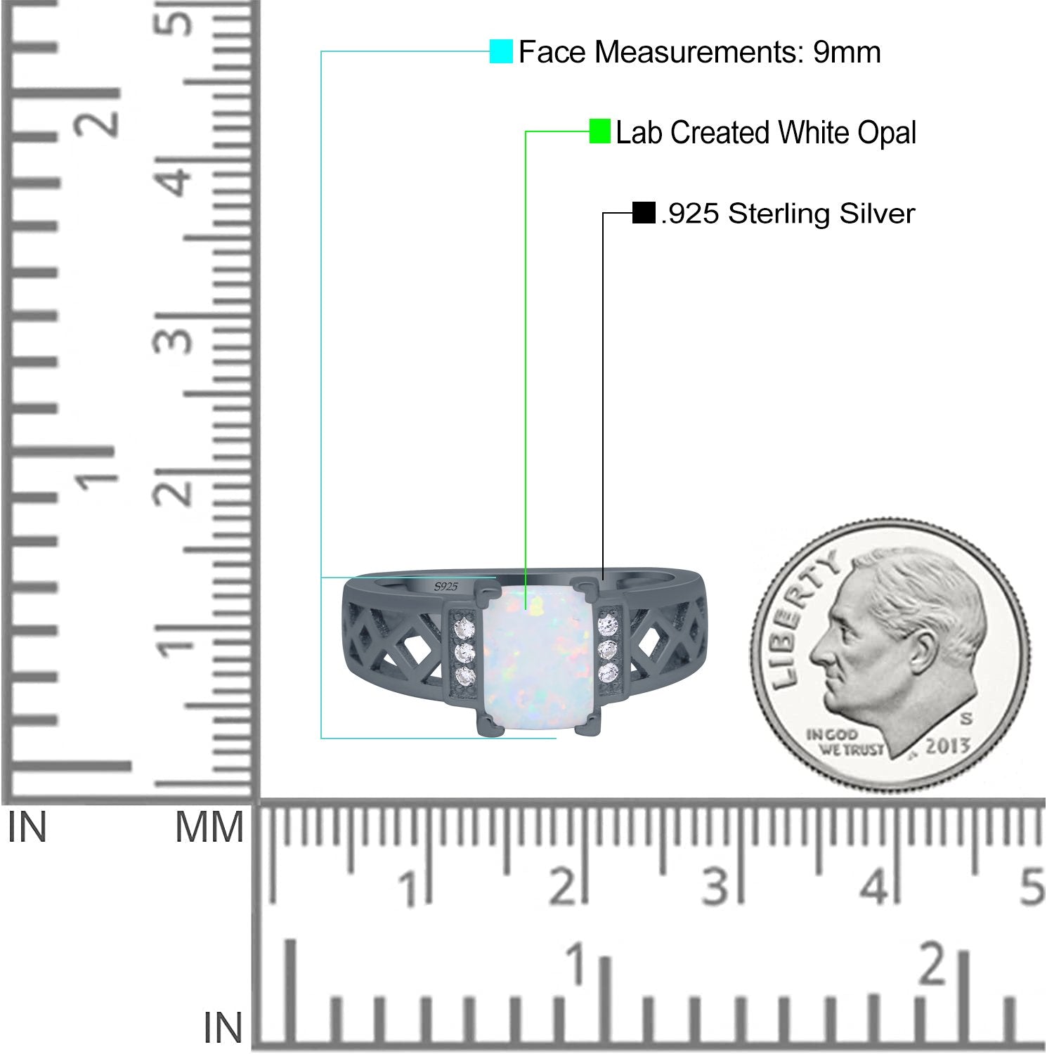 Fashion Ring Radiant Cut Lab Created White Opal Round Simulated Cubic Zirconia 925 Sterling Silver