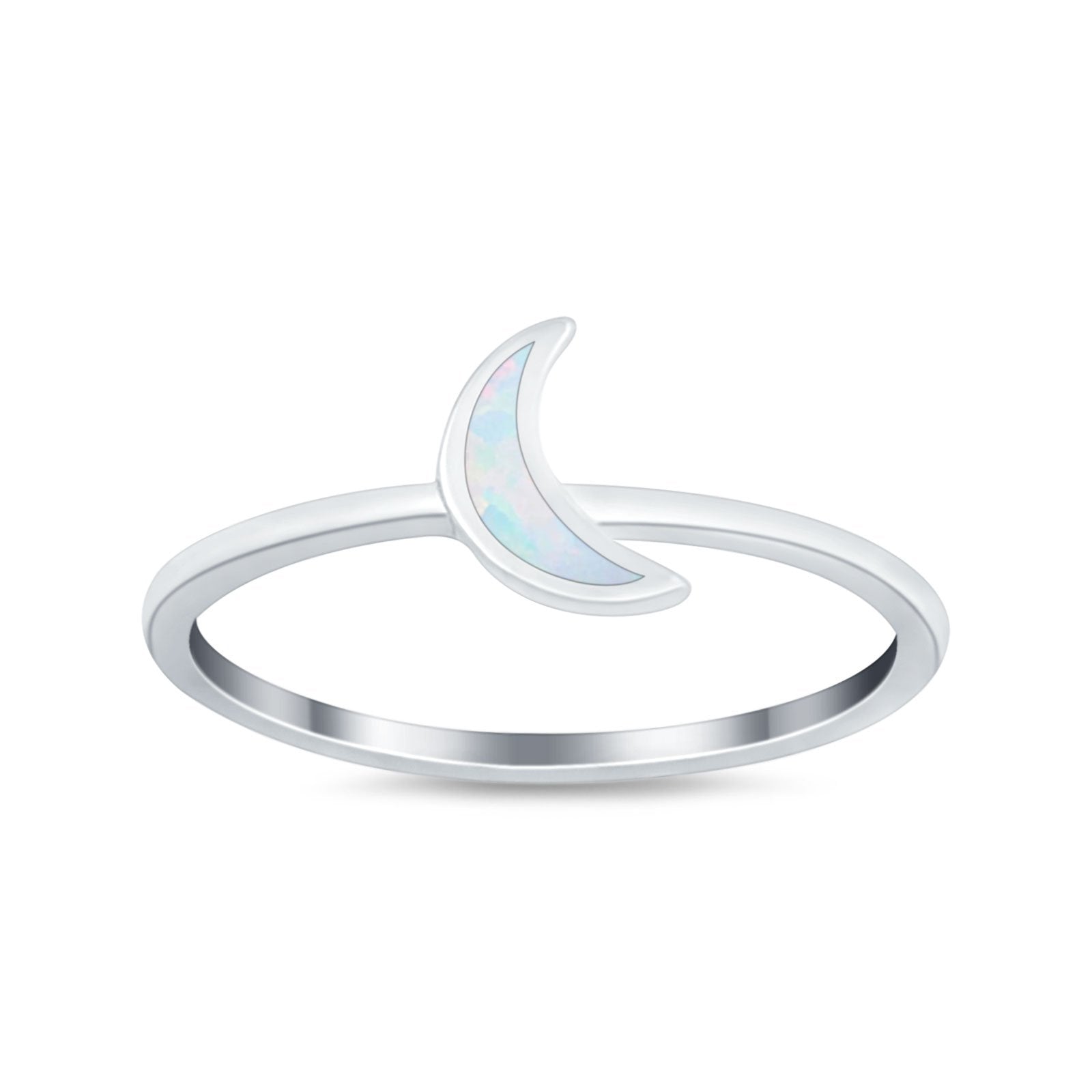 Moon Band Crescent Ring Round Simulated Cubic Zirconia Opal 925 Sterling Silver