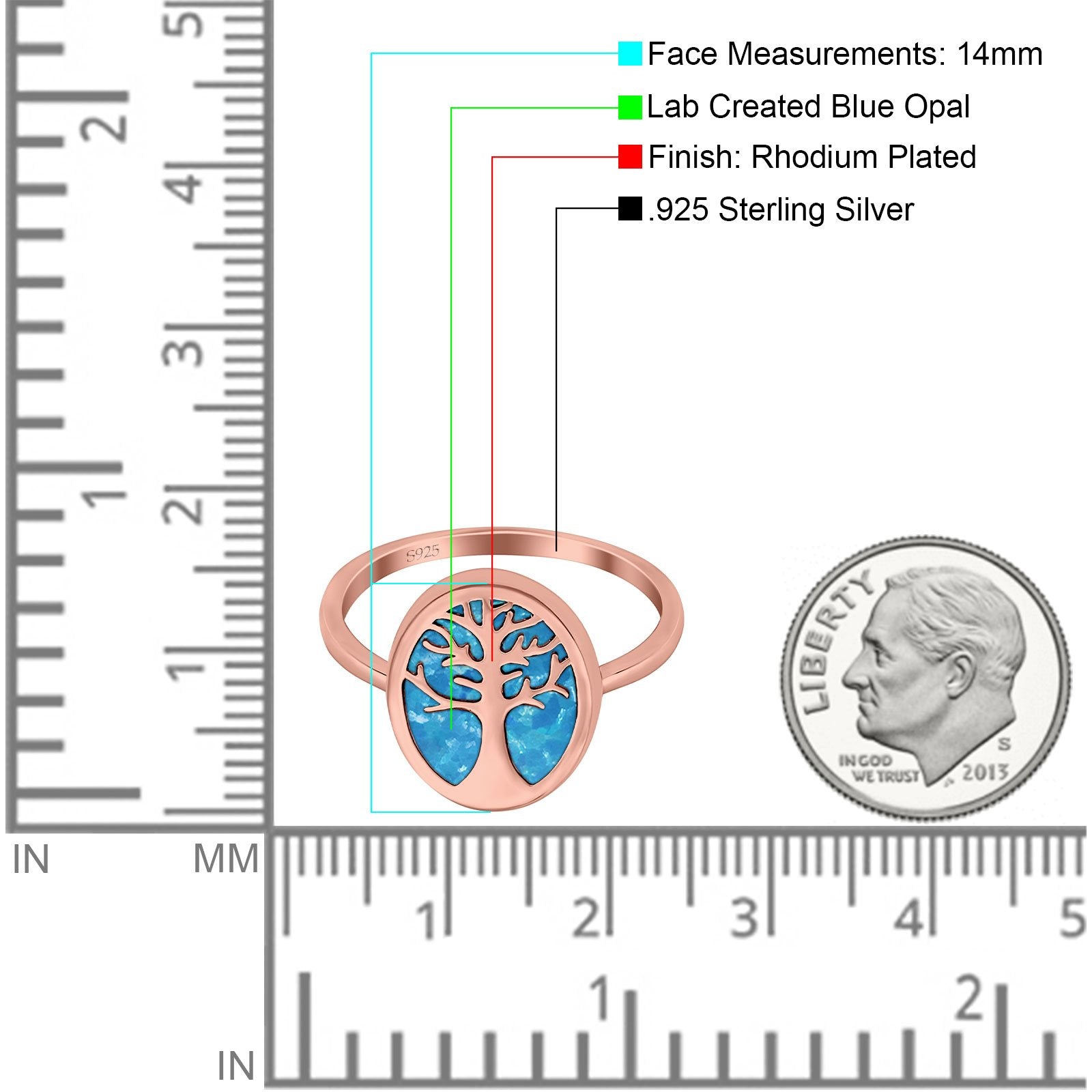 Oval Tree of Life Ring Lab Created Opal Rhodium Plated 925 Sterling Silver