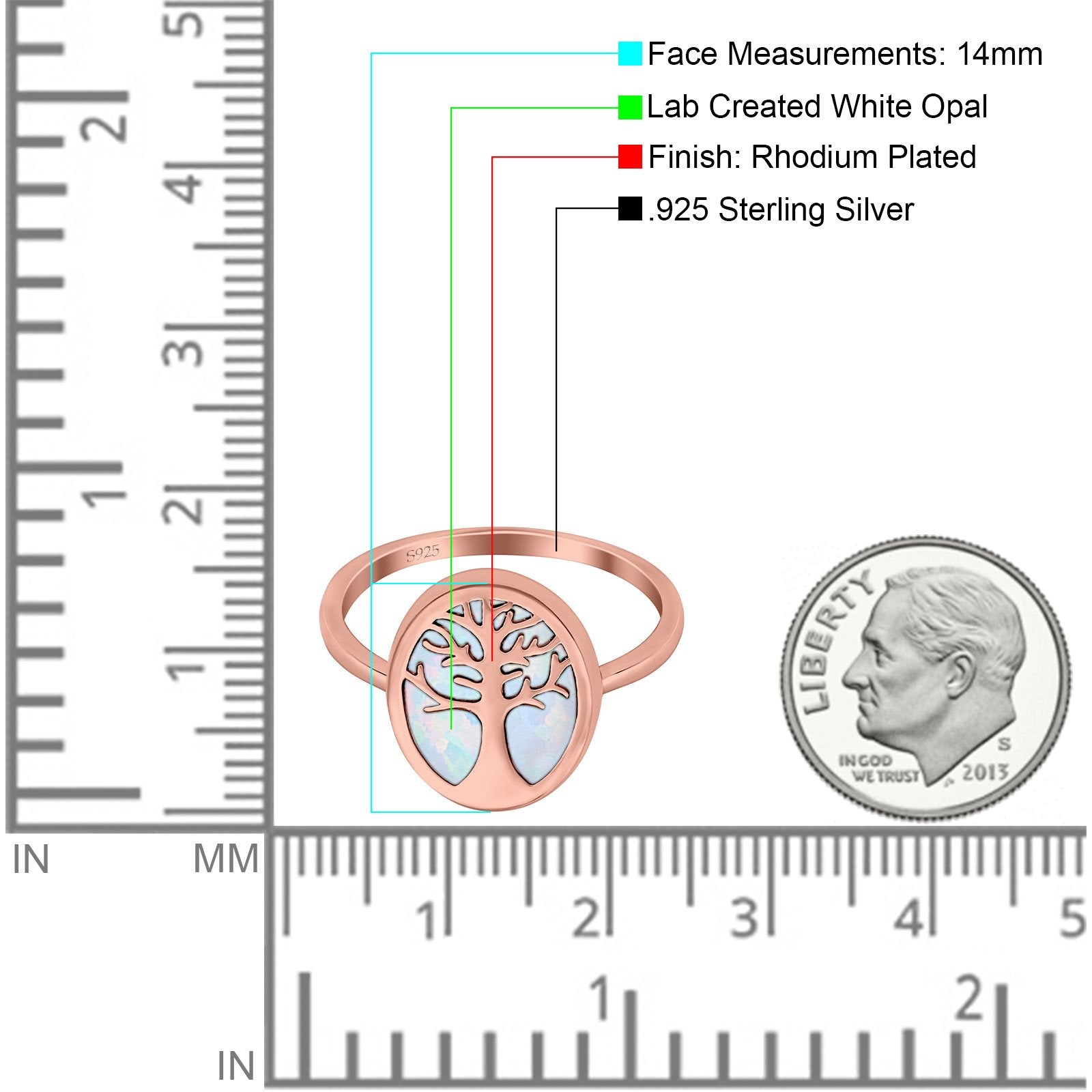 Oval Tree of Life Ring Lab Created Opal Rhodium Plated 925 Sterling Silver