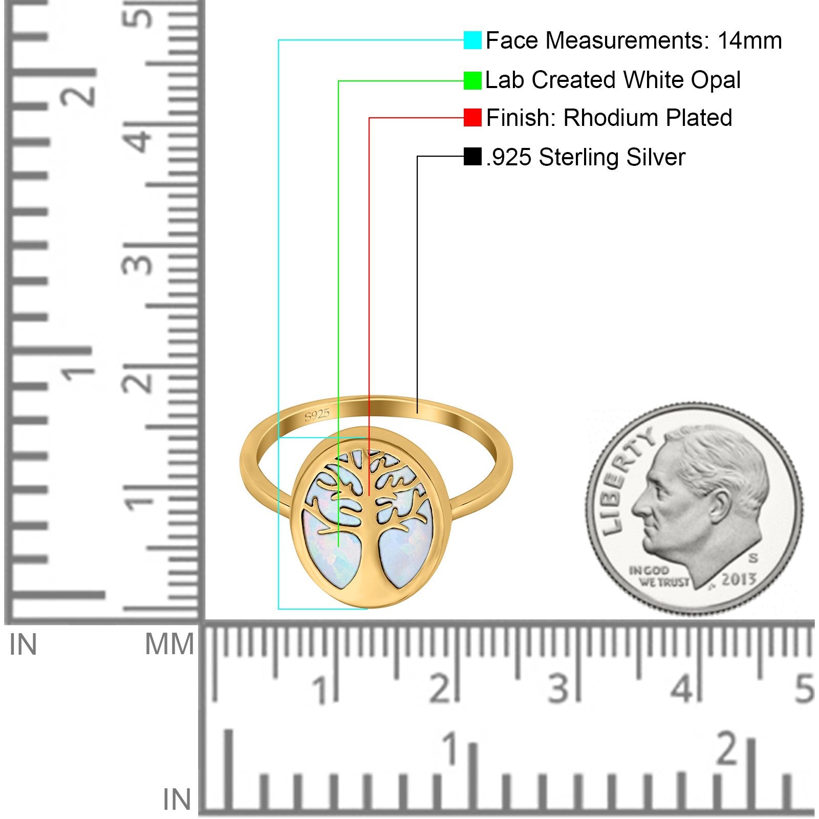 Oval Tree of Life Ring Lab Created Opal Rhodium Plated 925 Sterling Silver