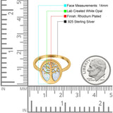 Oval Tree of Life Ring Lab Created Opal Rhodium Plated 925 Sterling Silver