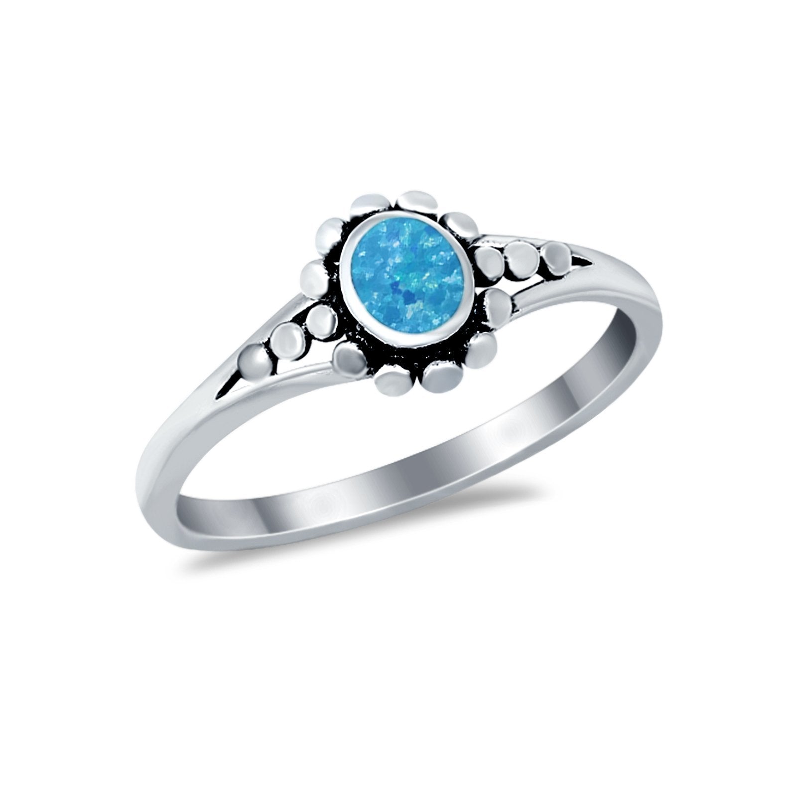 Bali Design Oxidized Style Lab Created Blue Opal Ring 925 Sterling Silver