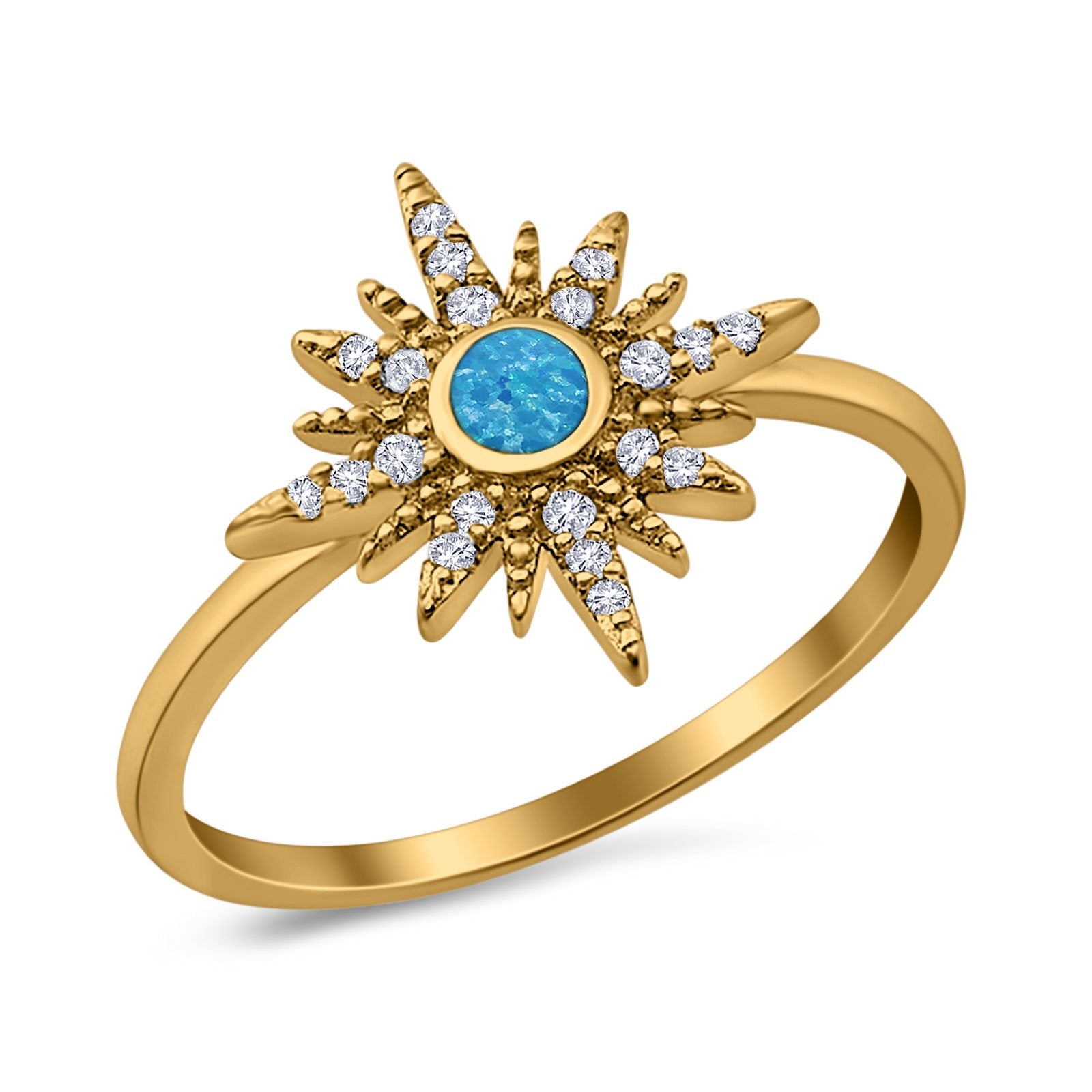 Cluster Starburst Opal Ring Round Simulated Cubic Zirconia 925 Sterling Silver