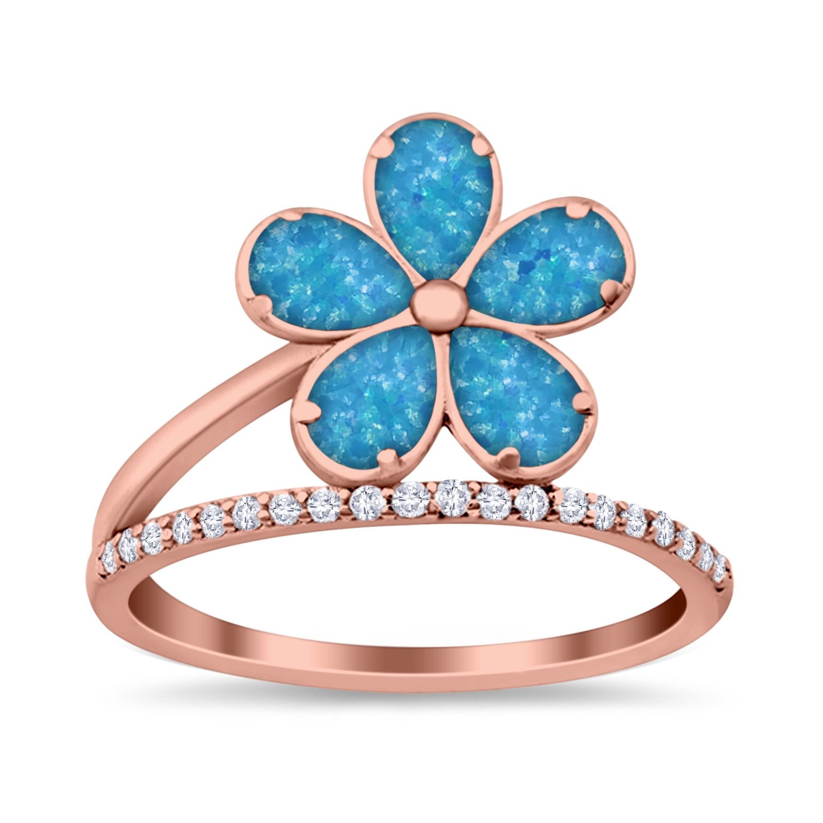 Plumeria Flower Ring Simulated Cubic Zirconia Opal 925 Sterling Silver