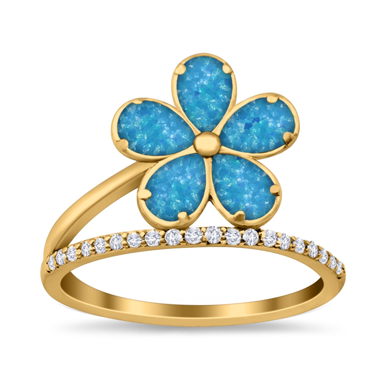 Plumeria Flower Ring Simulated Cubic Zirconia Opal 925 Sterling Silver