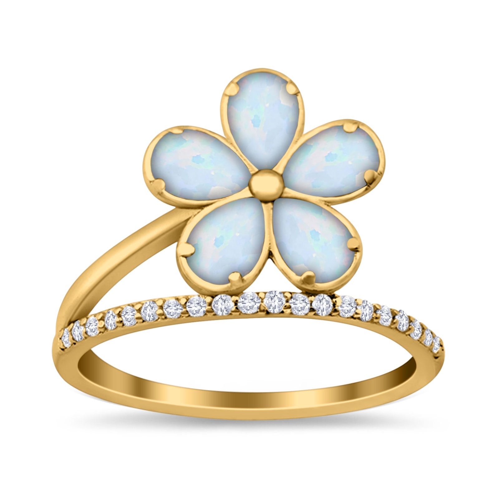 Plumeria Flower Ring Simulated Cubic Zirconia Opal 925 Sterling Silver