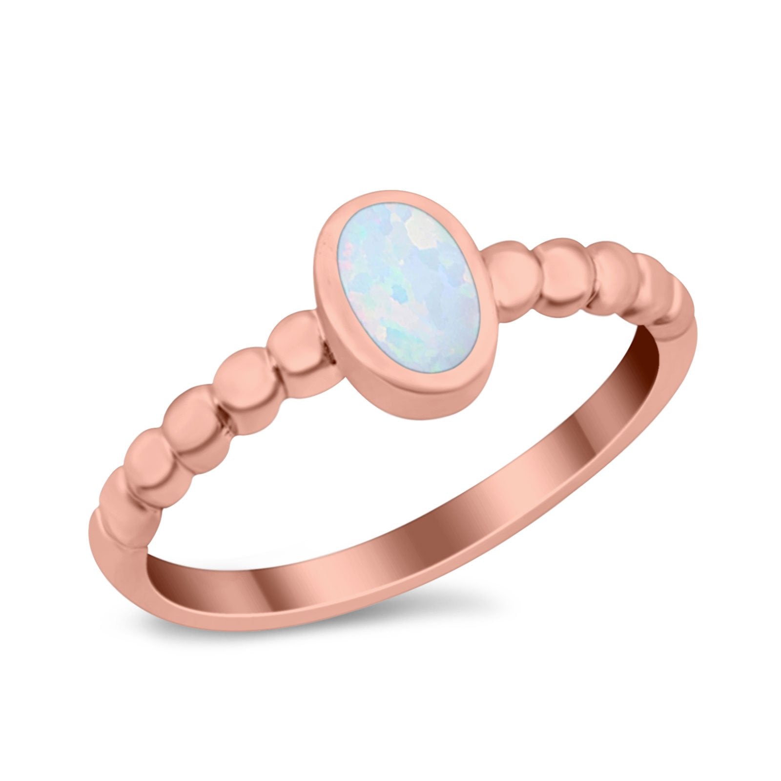 Solitaire Oval Ring Beaded Design Band Simulated Opal Round 925 Sterling Silver
