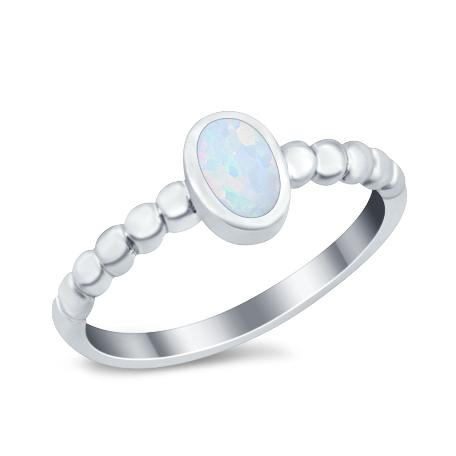 Solitaire Oval Ring Beaded Design Band Simulated Opal Round 925 Sterling Silver