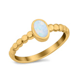 Solitaire Oval Ring Beaded Design Band Simulated Opal Round 925 Sterling Silver