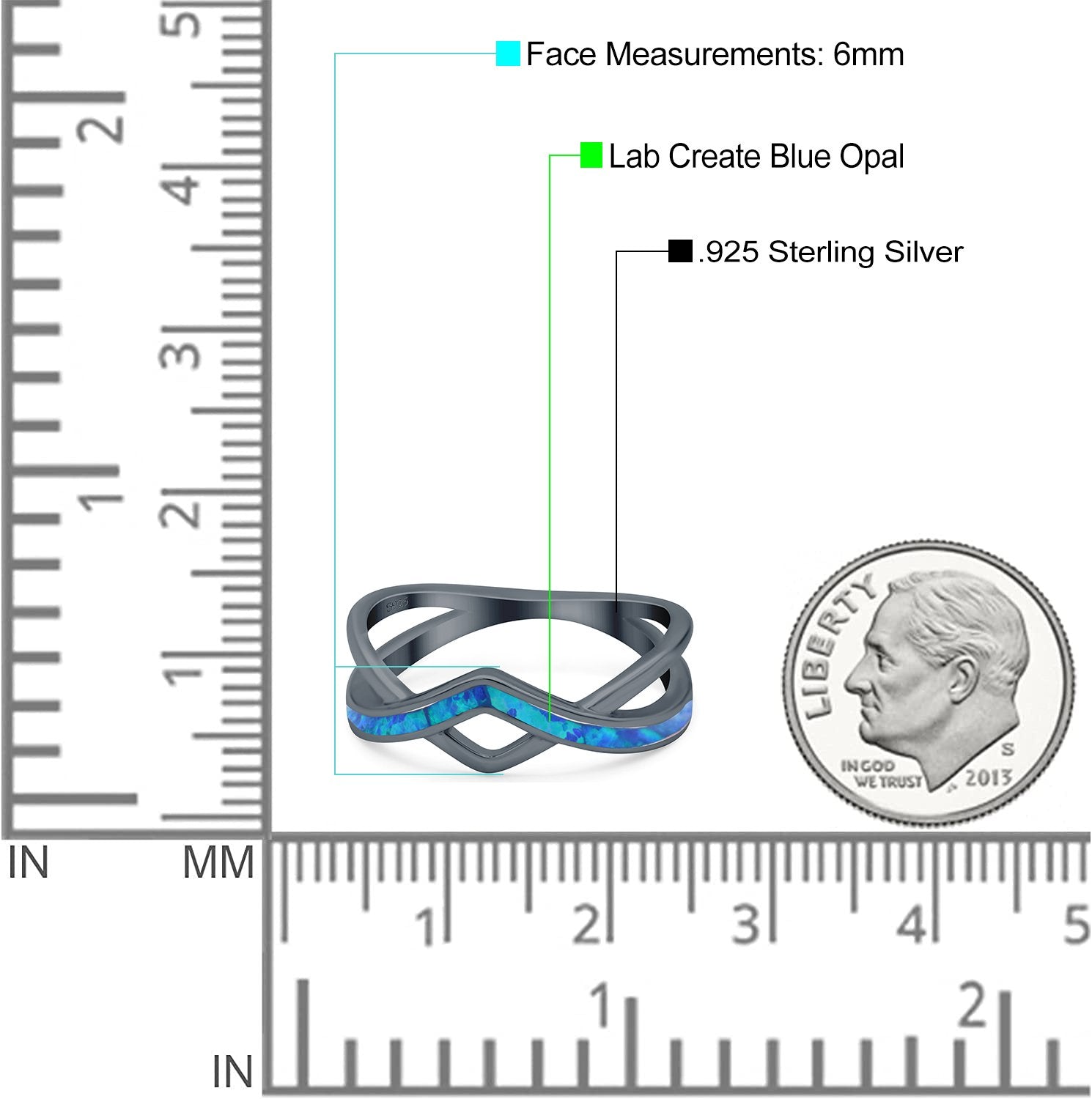 Criss Cross V Shape Ring Band Lab Created Opal 925 Sterling Silver (6mm)