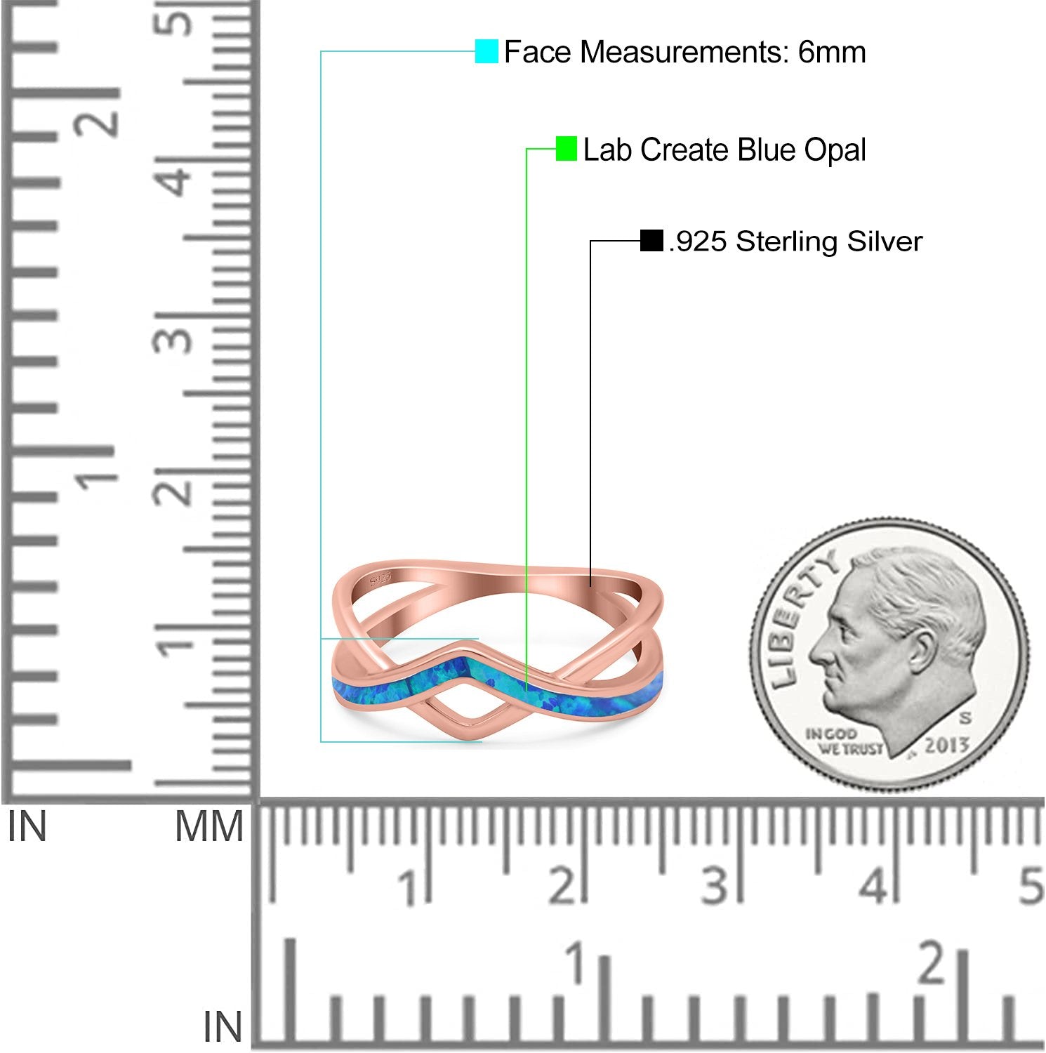 Criss Cross V Shape Ring Band Lab Created Opal 925 Sterling Silver (6mm)