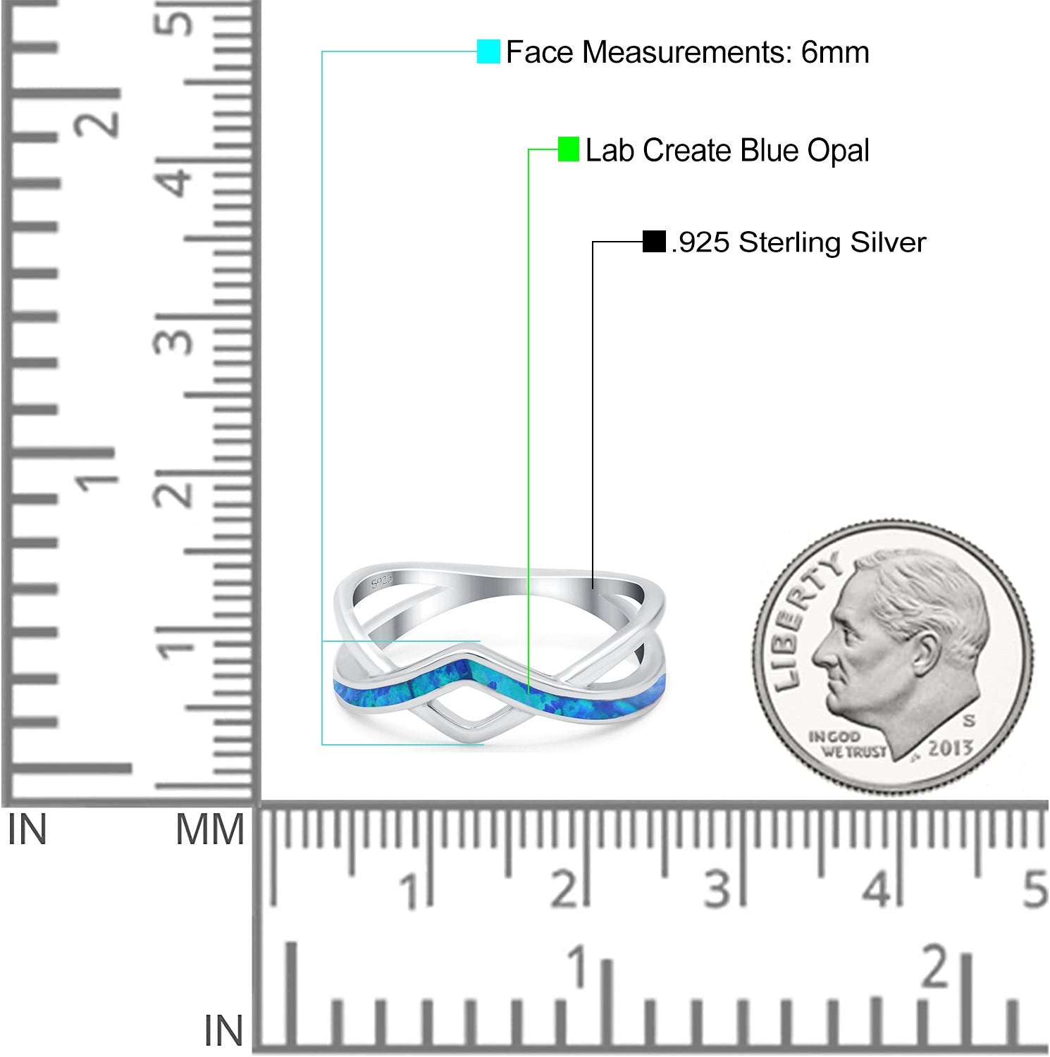 Criss Cross V Shape Ring Band Lab Created Opal 925 Sterling Silver (6mm)