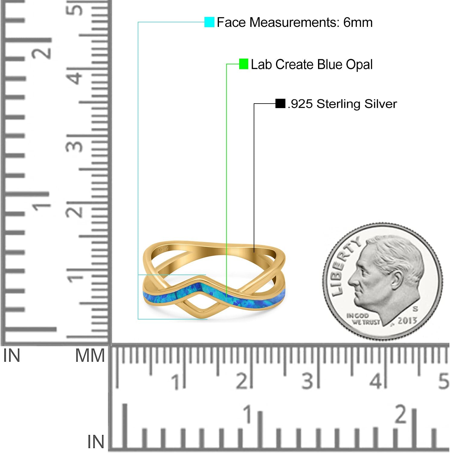 Criss Cross V Shape Ring Band Lab Created Opal 925 Sterling Silver (6mm)