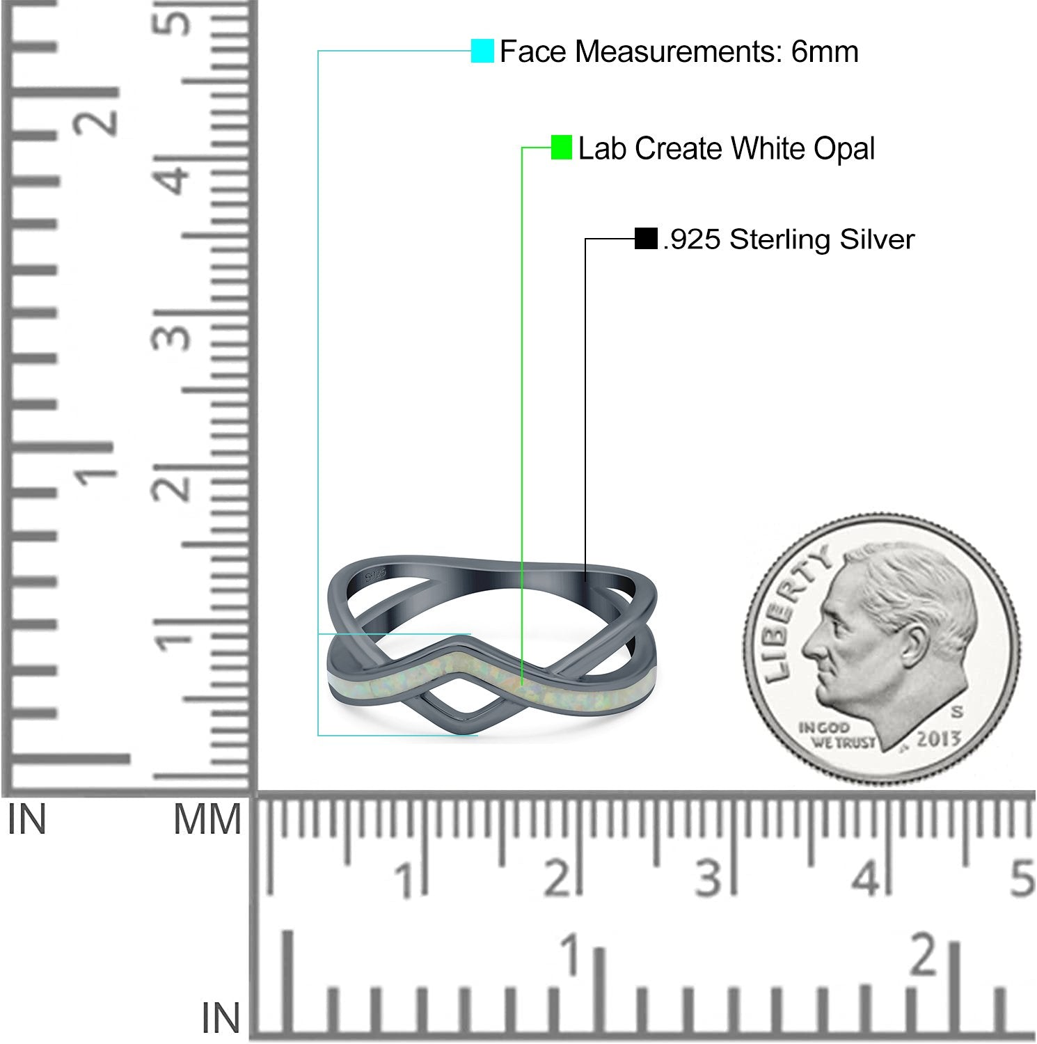Criss Cross V Shape Ring Band Lab Created Opal 925 Sterling Silver (6mm)