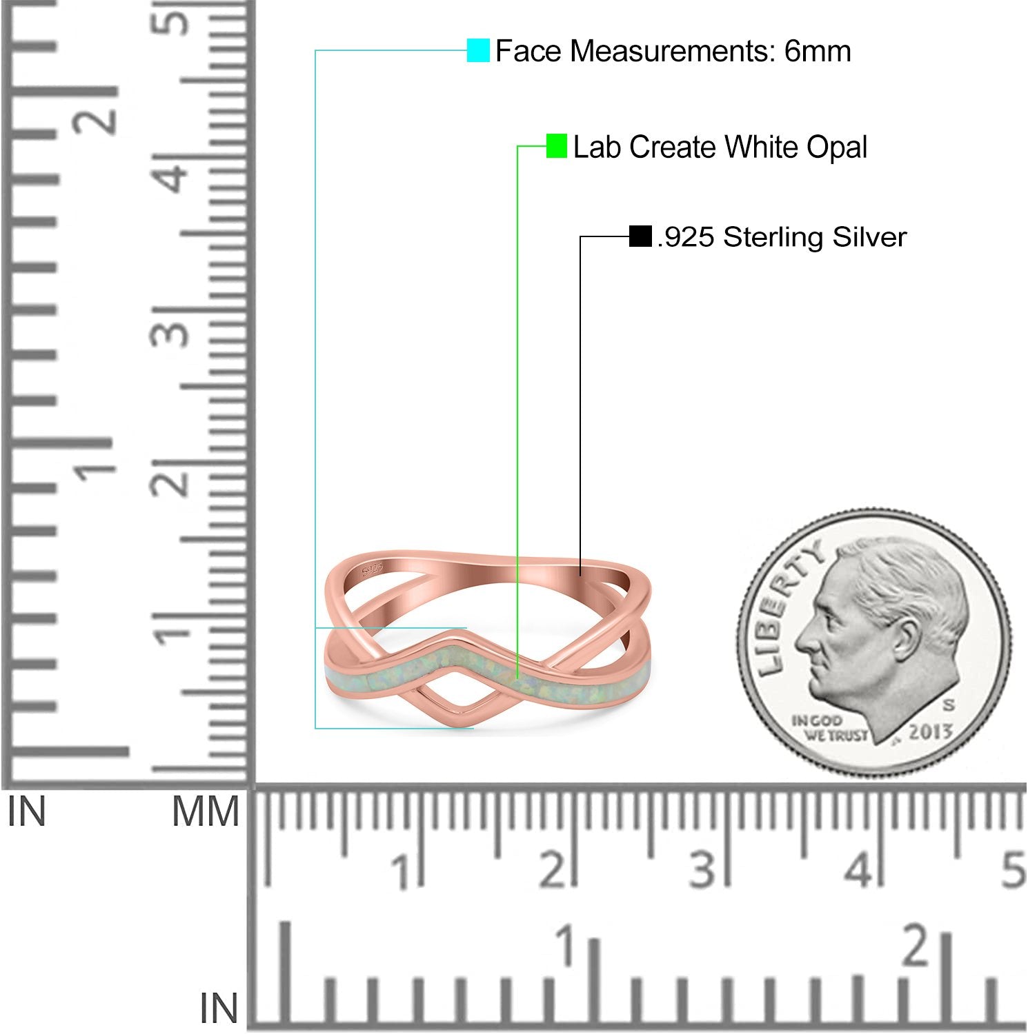 Criss Cross V Shape Ring Band Lab Created Opal 925 Sterling Silver (6mm)