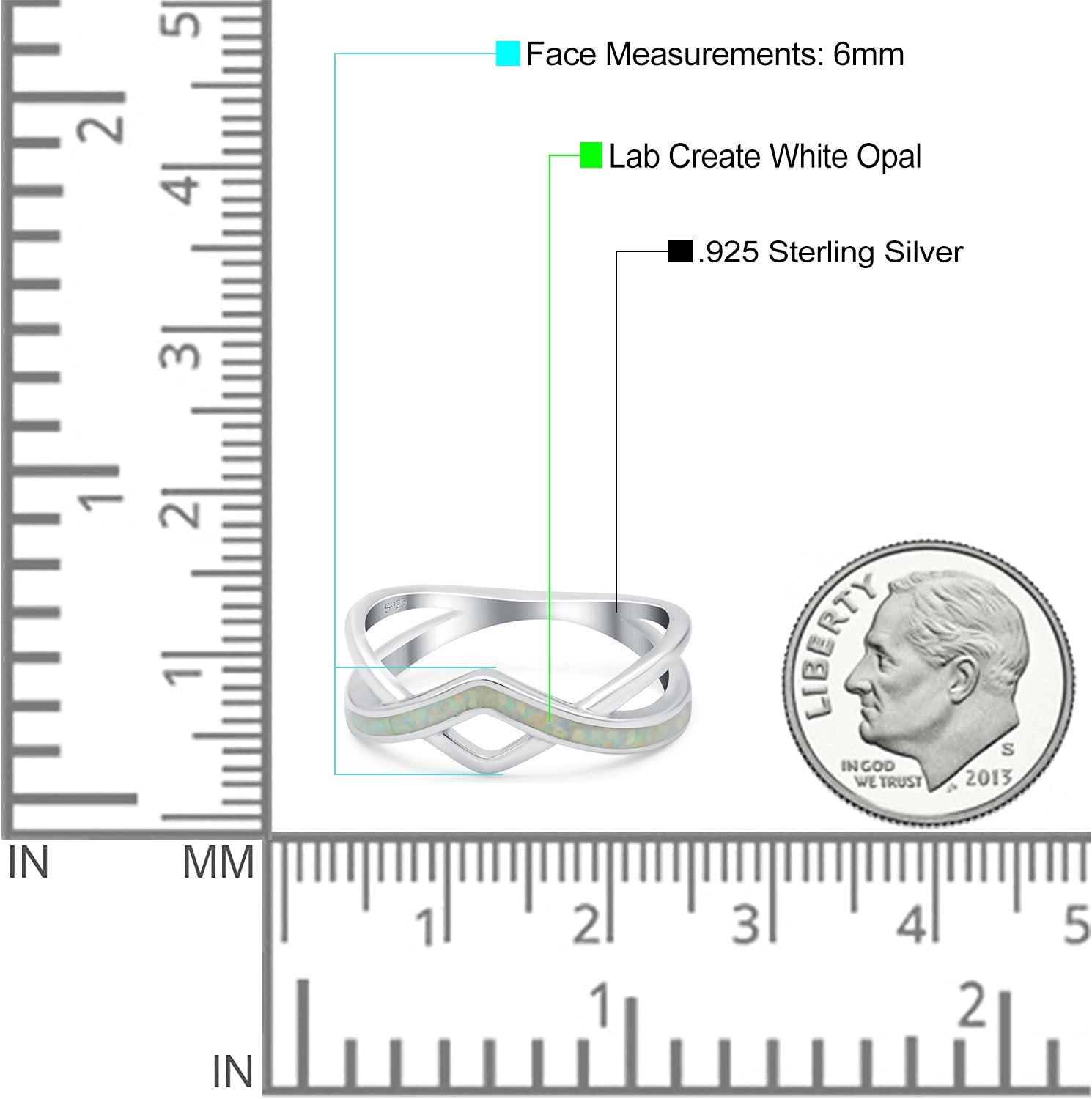 Criss Cross V Shape Ring Band Lab Created Opal 925 Sterling Silver (6mm)