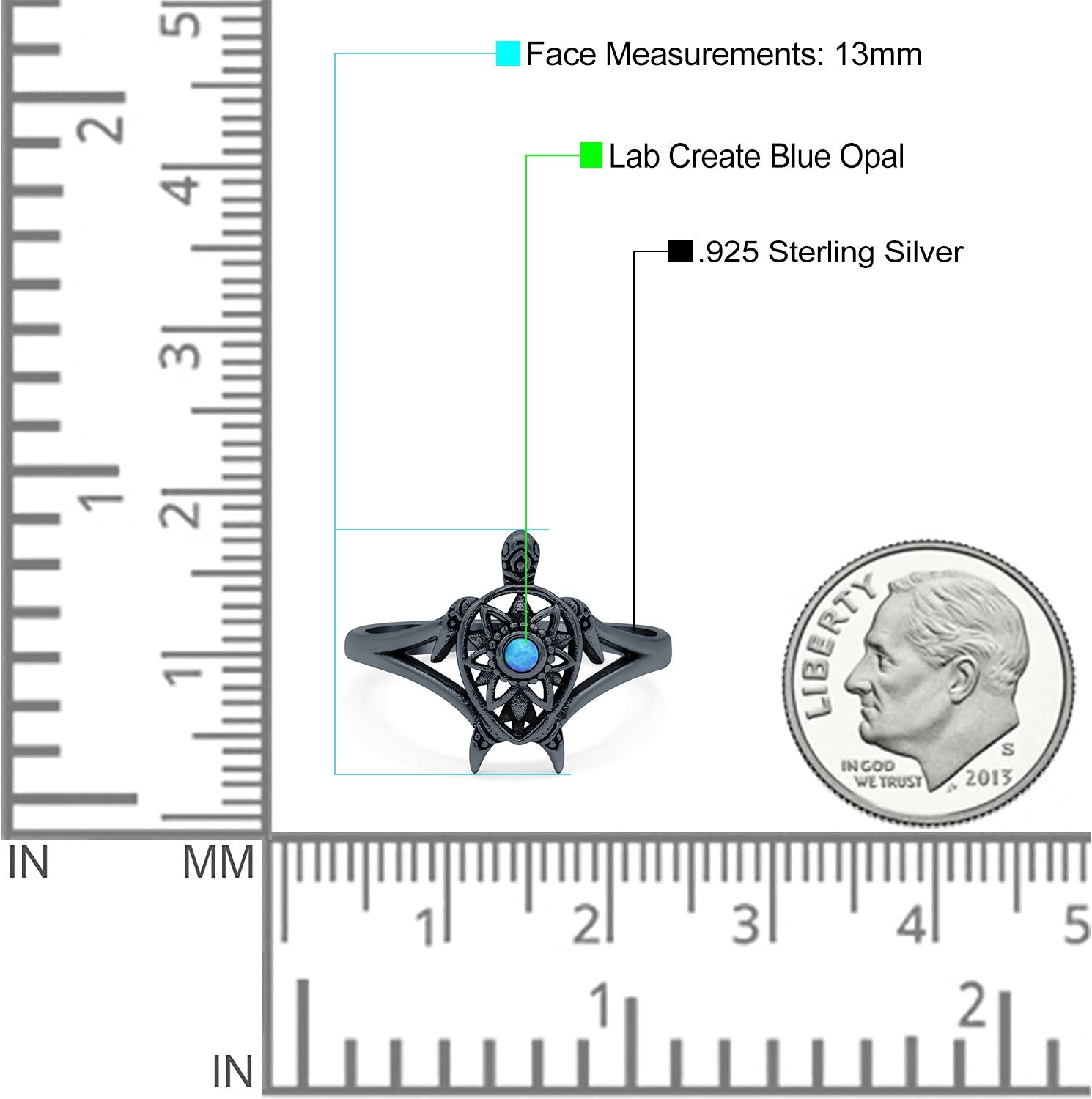 Turtle Ring Band Lab Created Opal 925 Sterling Silver (13mm)