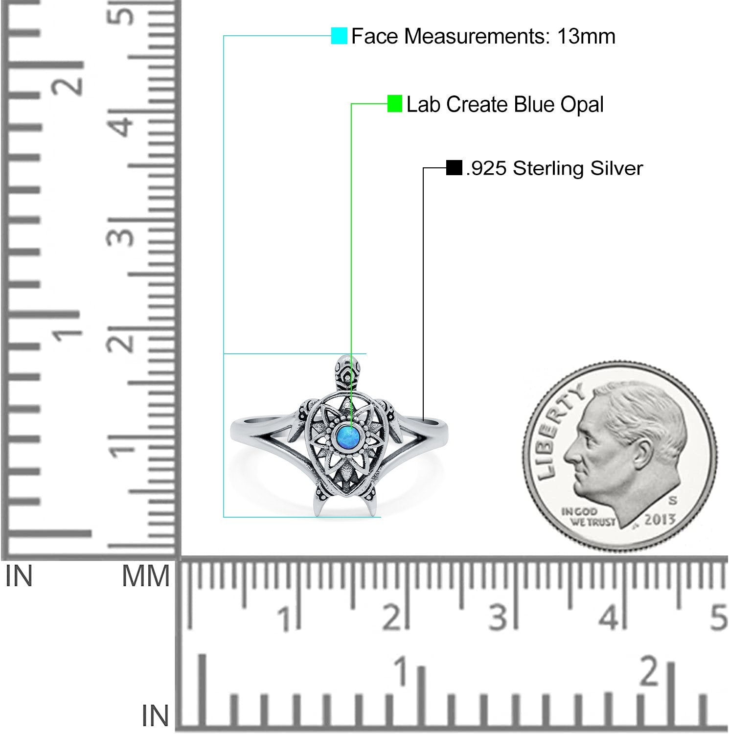 Turtle Ring Band Lab Created Opal 925 Sterling Silver (13mm)