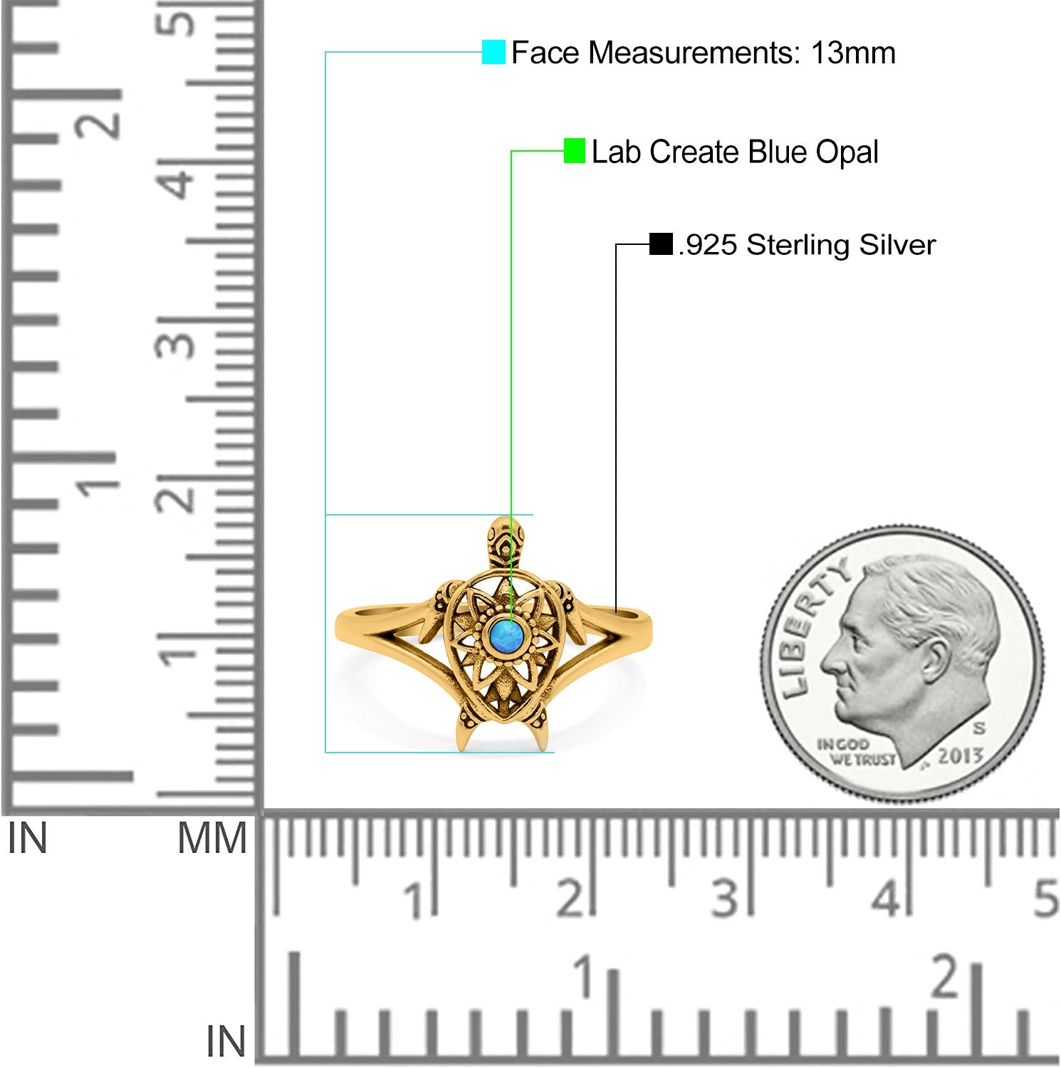 Turtle Ring Band Lab Created Opal 925 Sterling Silver (13mm)