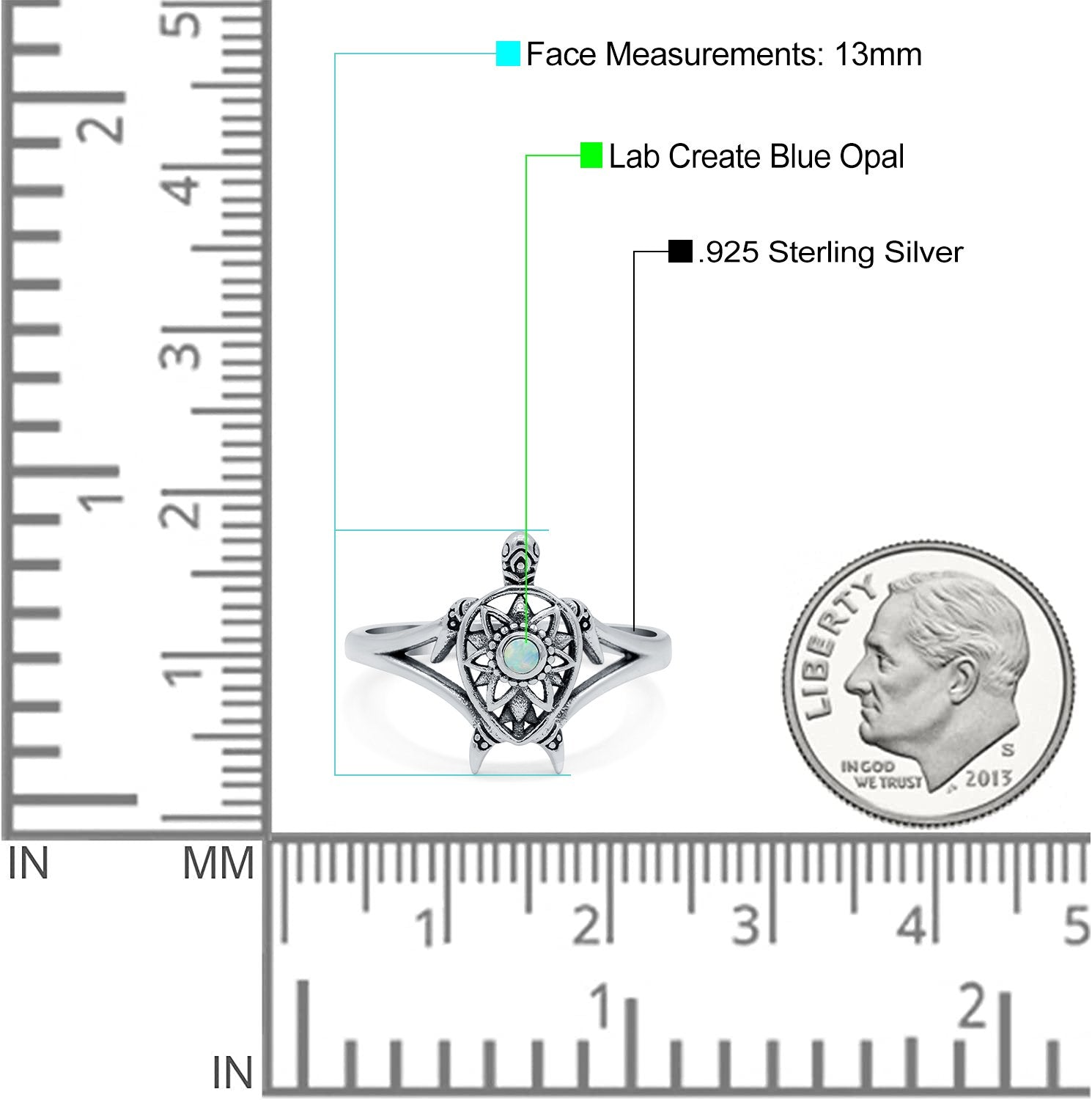 Turtle Ring Band Lab Created Opal 925 Sterling Silver (13mm)