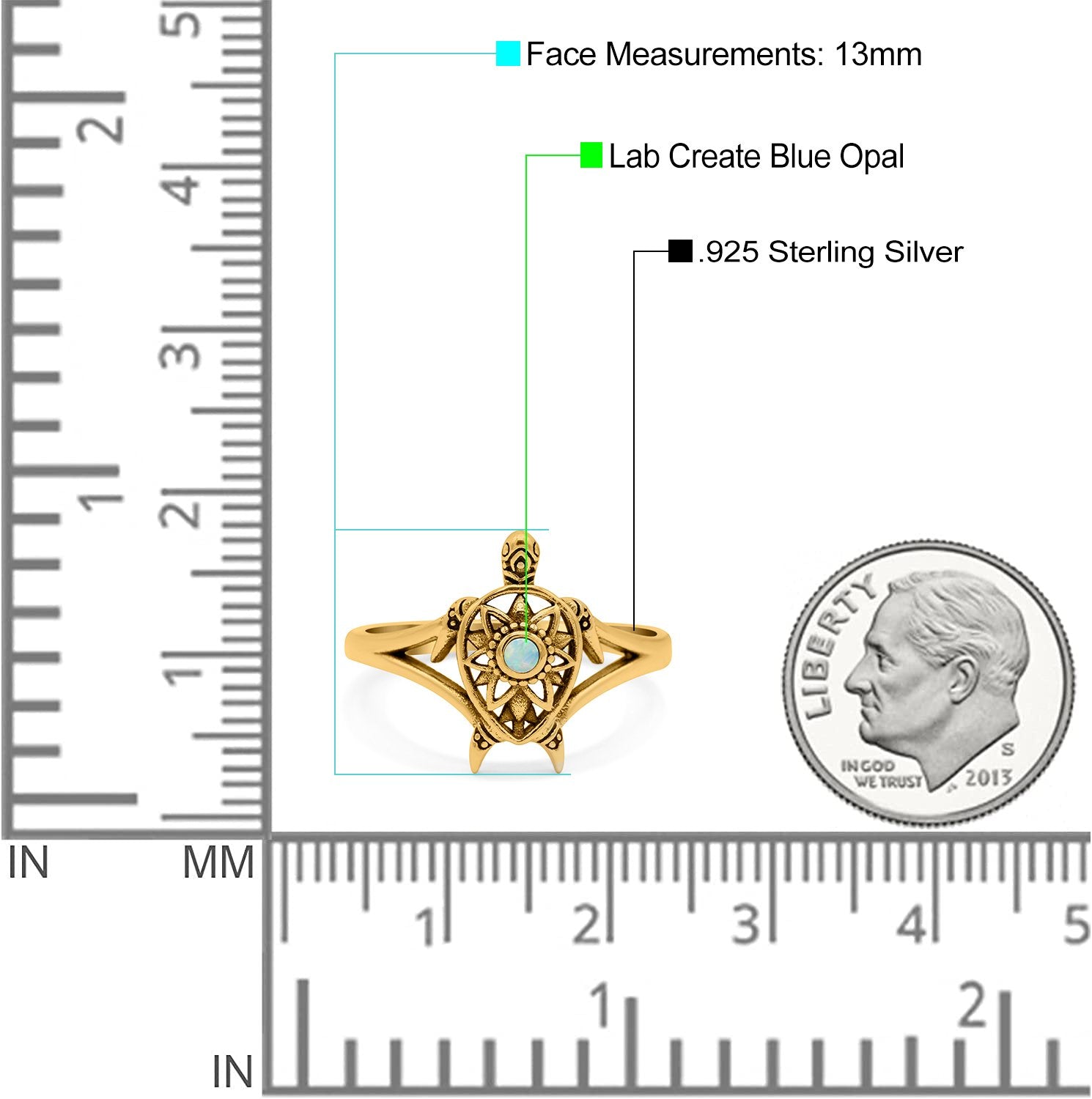 Turtle Ring Band Lab Created Opal 925 Sterling Silver (13mm)