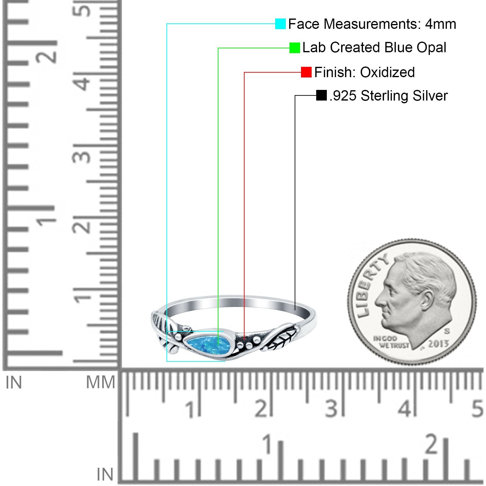 Sideways Oxidized Ring Cubic Zirconia Leaf Design Pear Lab Created Opal 925 Sterling Silver