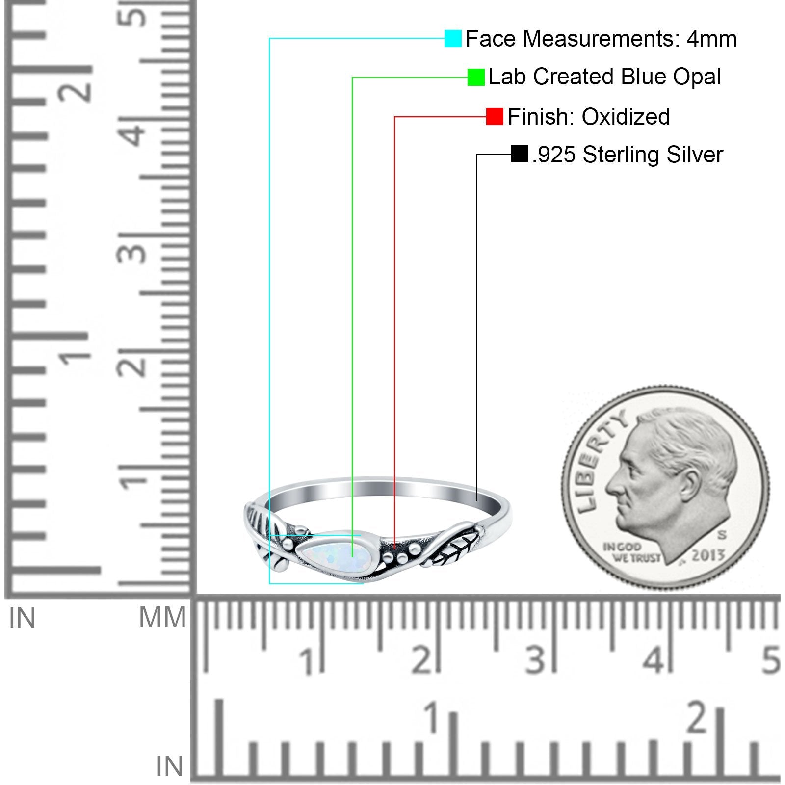 Sideways Oxidized Ring Cubic Zirconia Leaf Design Pear Lab Created Opal 925 Sterling Silver