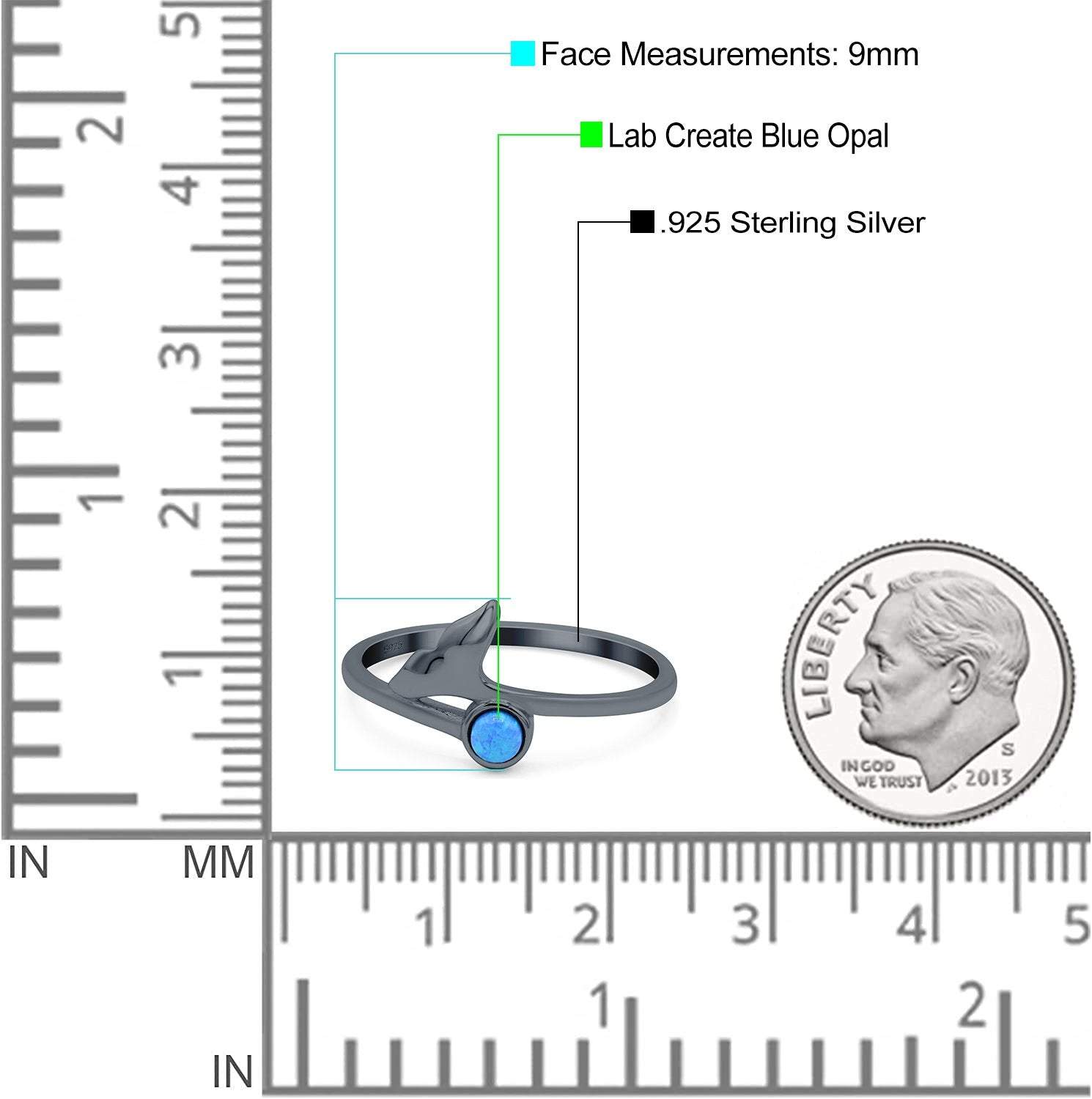 Whale Tail Ring Band Lab Created Opal 925 Sterling Silver (9mm)