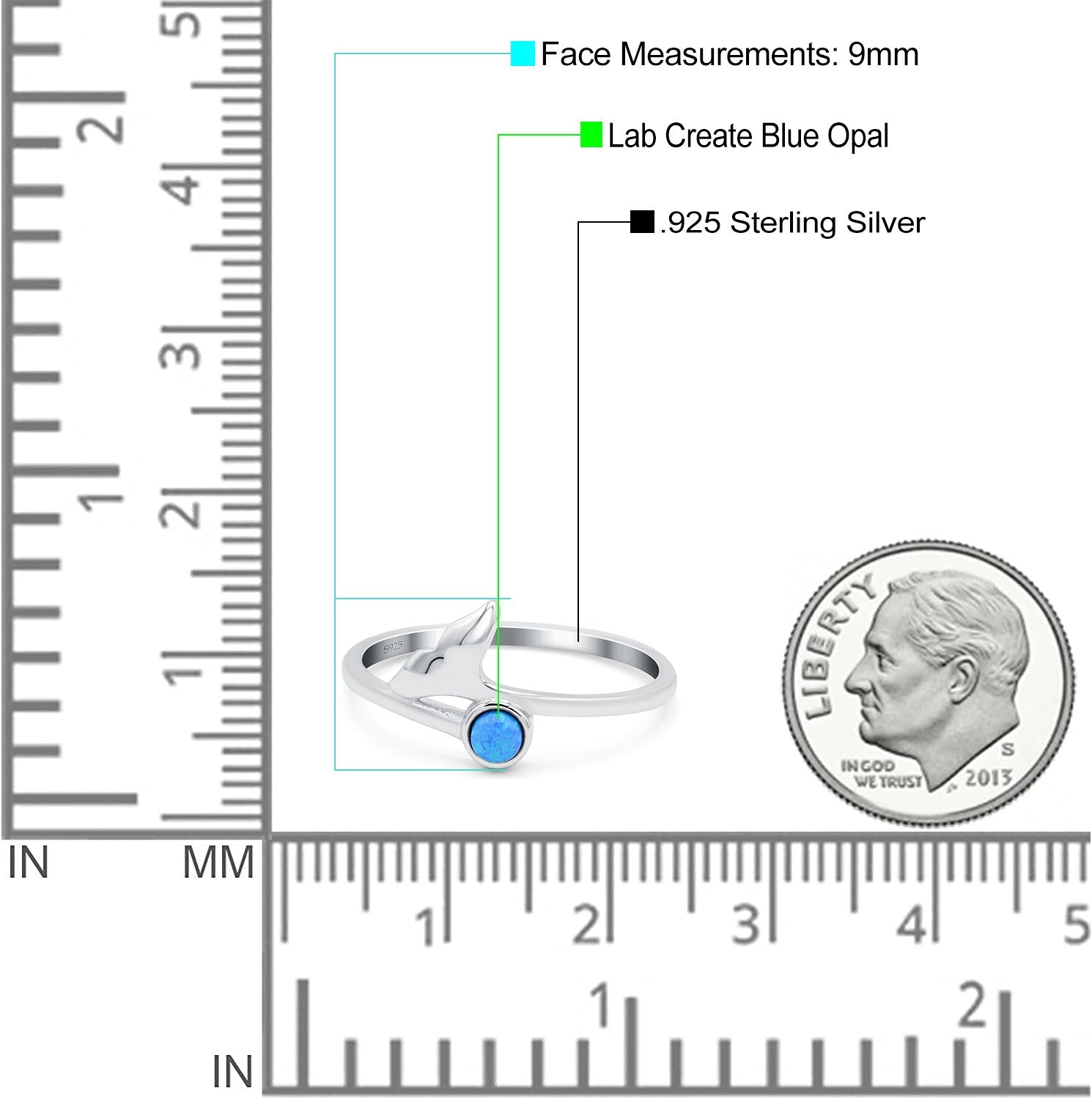 Whale Tail Ring Band Lab Created Opal 925 Sterling Silver (9mm)
