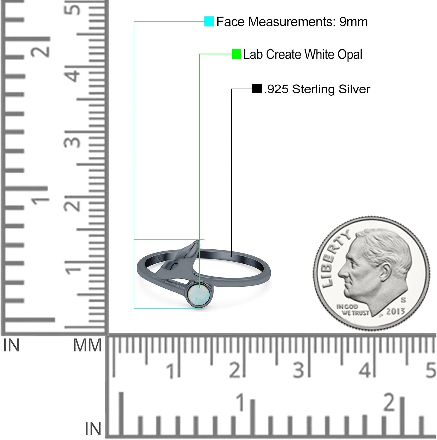 Whale Tail Ring Band Lab Created Opal 925 Sterling Silver (9mm)