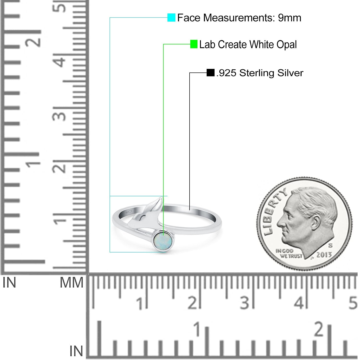 Whale Tail Ring Band Lab Created Opal 925 Sterling Silver (9mm)