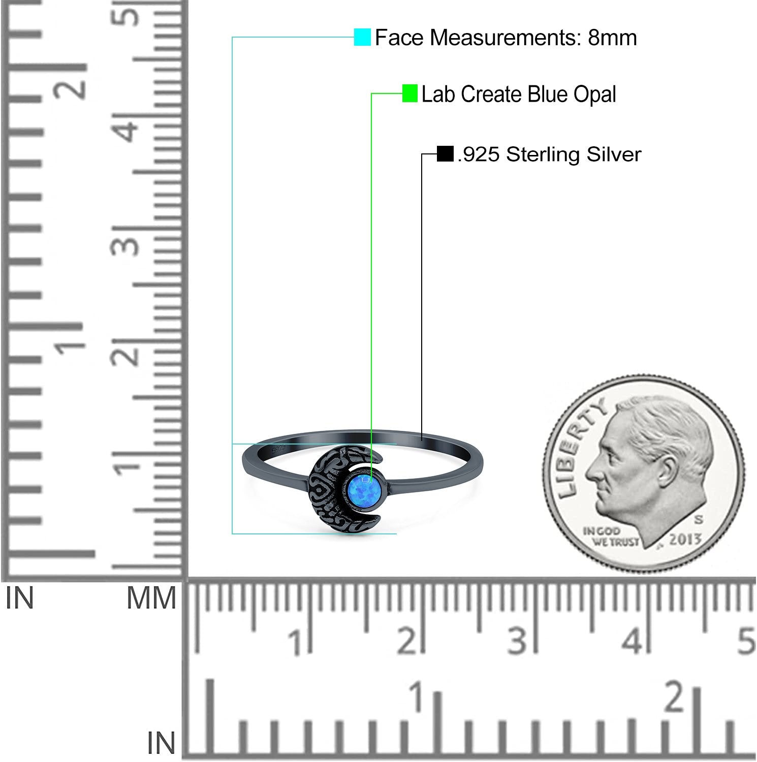 Crescent Moon Band Ring Round Lab Created Opal 925 Sterling Silver