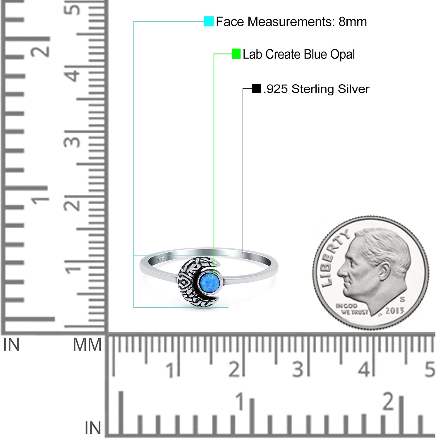 Crescent Moon Band Ring Round Lab Created Opal 925 Sterling Silver