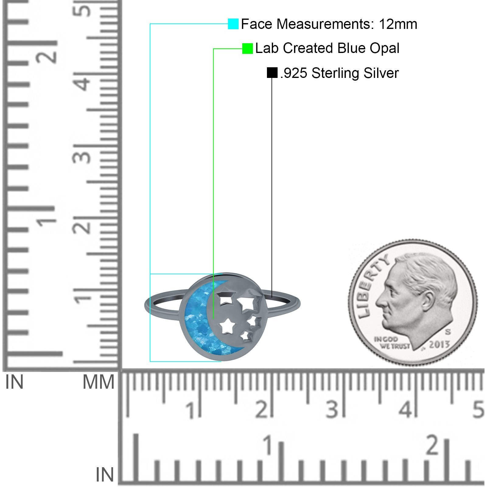 Moon and Stars Ring Band Lab Created Opal 925 Sterling Silver (12mm)