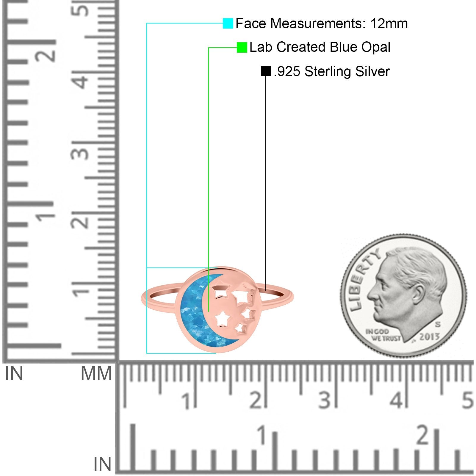 Moon and Stars Ring Band Lab Created Opal 925 Sterling Silver (12mm)